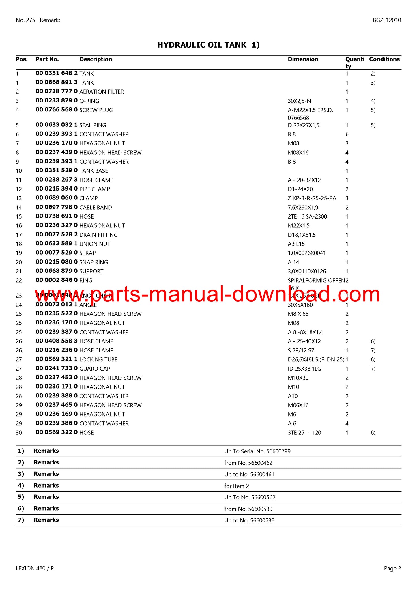 Claas 480R Combine Lexion (North America) Parts Catalog Manual Instant Download