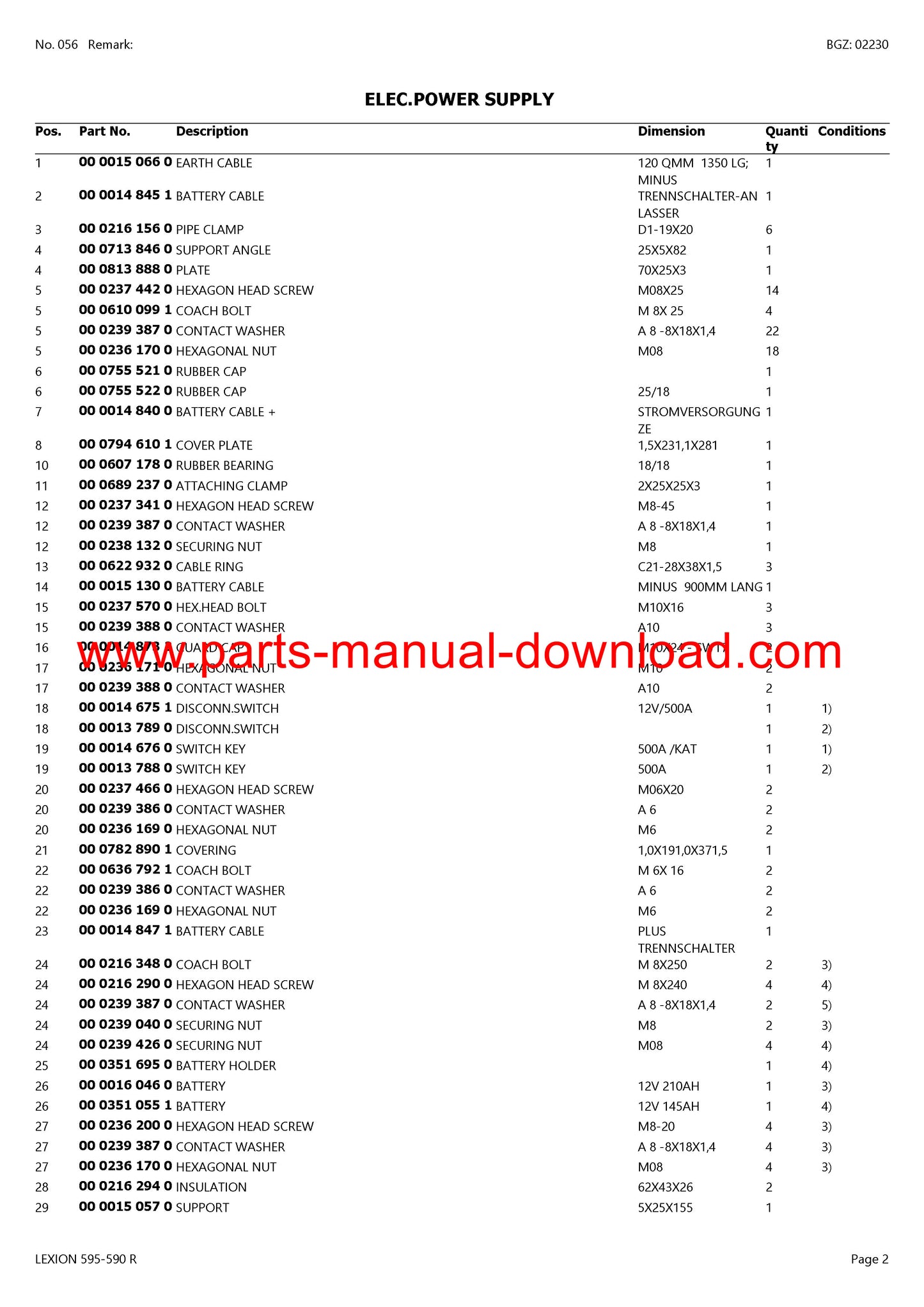 Claas 595 - 590r Combine Lexion (North America) Parts Catalog Manual Instant Download