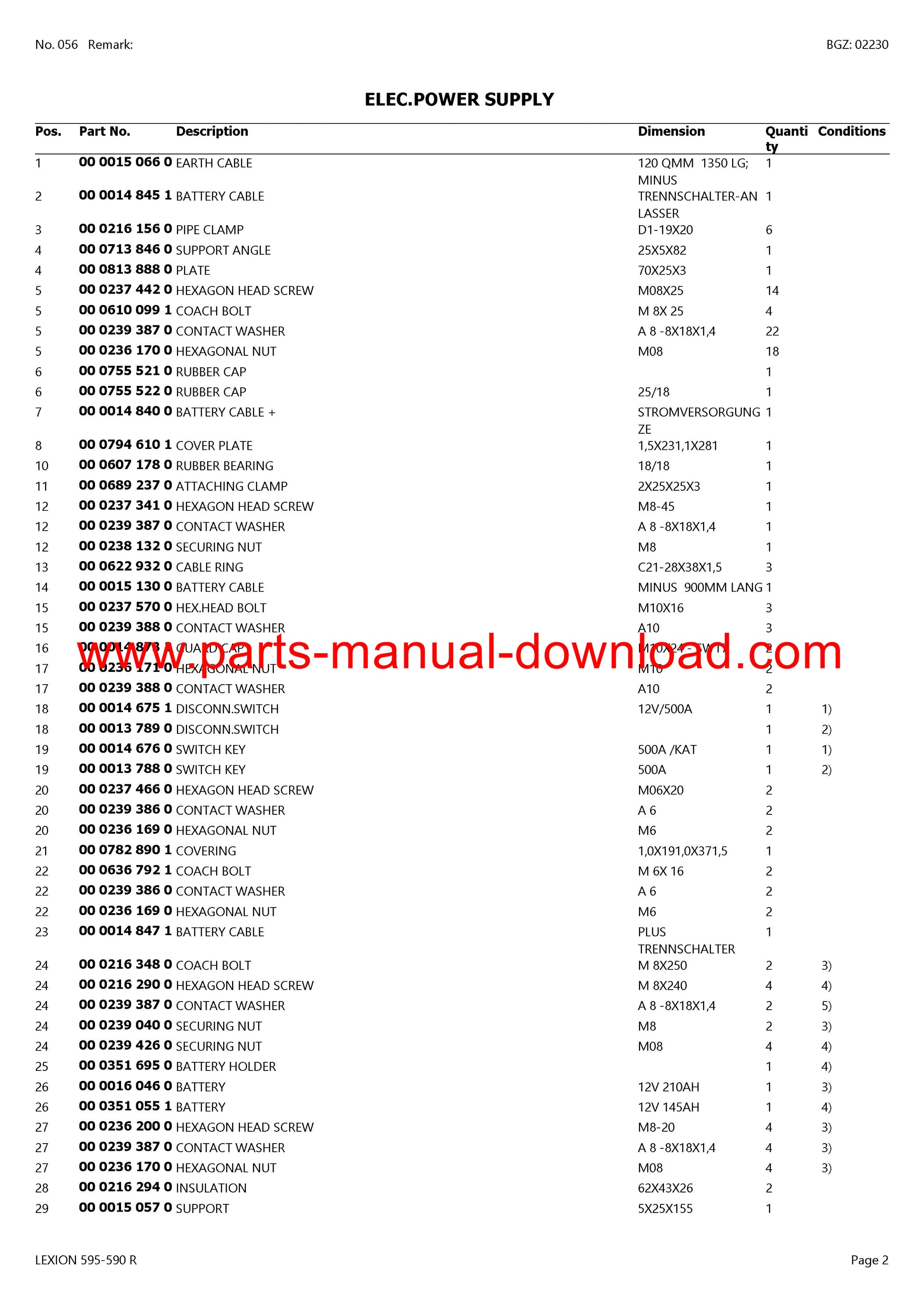 Claas 595 - 590r Combine Lexion (North America) Parts Catalog Manual Instant Download