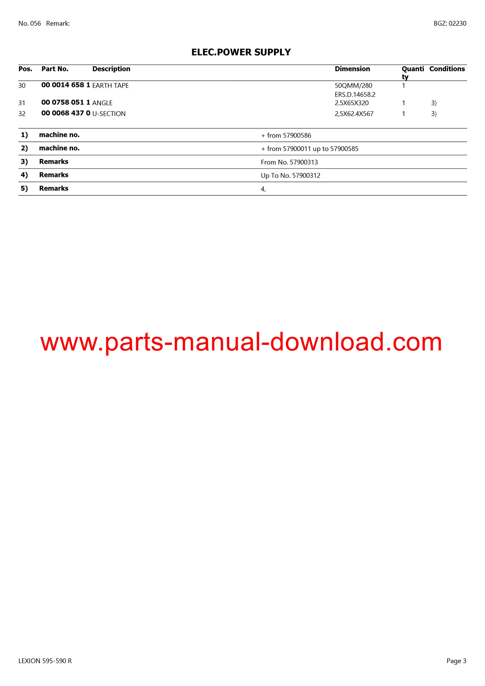 Claas 595 - 590r Combine Lexion (North America) Parts Catalog Manual Instant Download