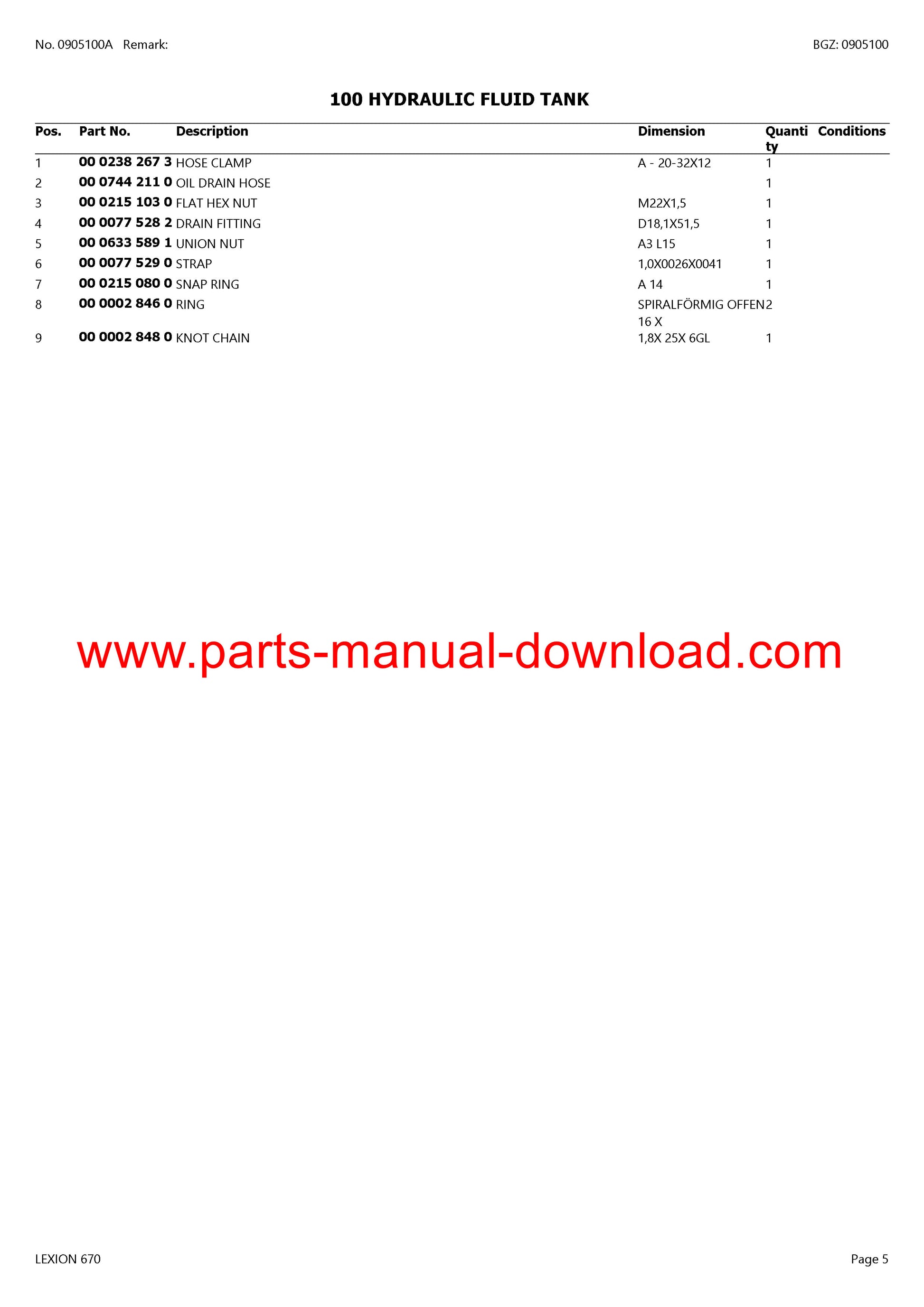 Claas 670 Combine Lexion (North America) Parts Catalog Manual Instant Download