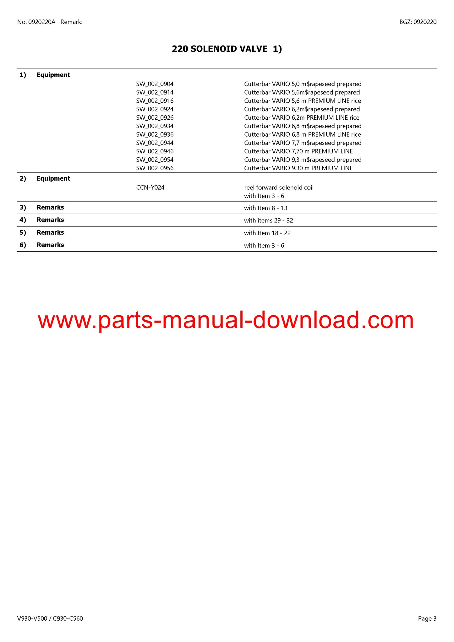 Claas V930-V500 - C930-C560 Cutterbar Parts Catalog Manual Instant Download