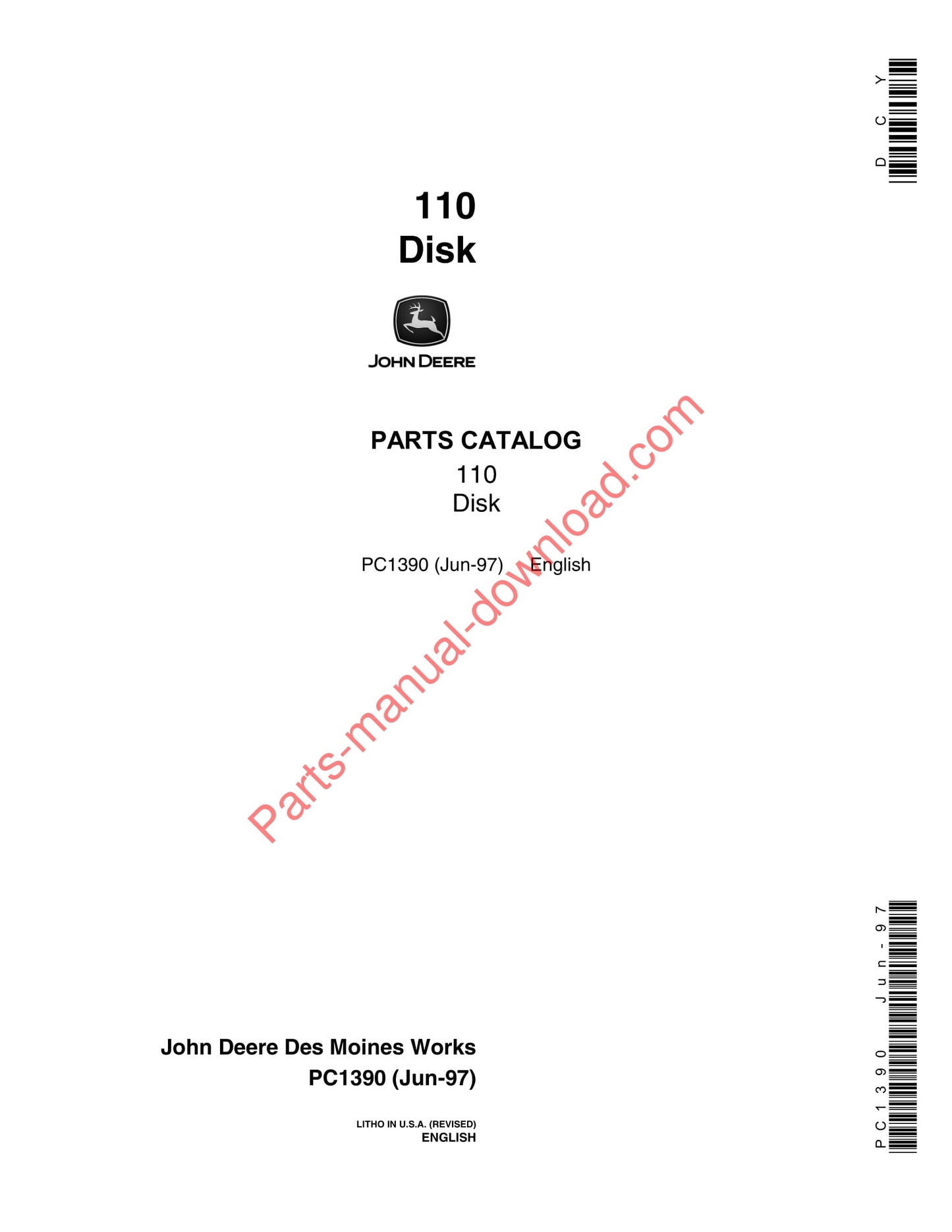 John Deere 110 Disk Parts Catalog Manual PC1390 05JUN97