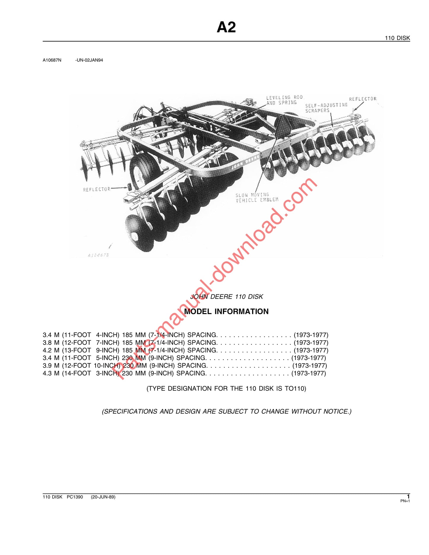 John Deere 110 Disk Parts Catalog Manual PC1390