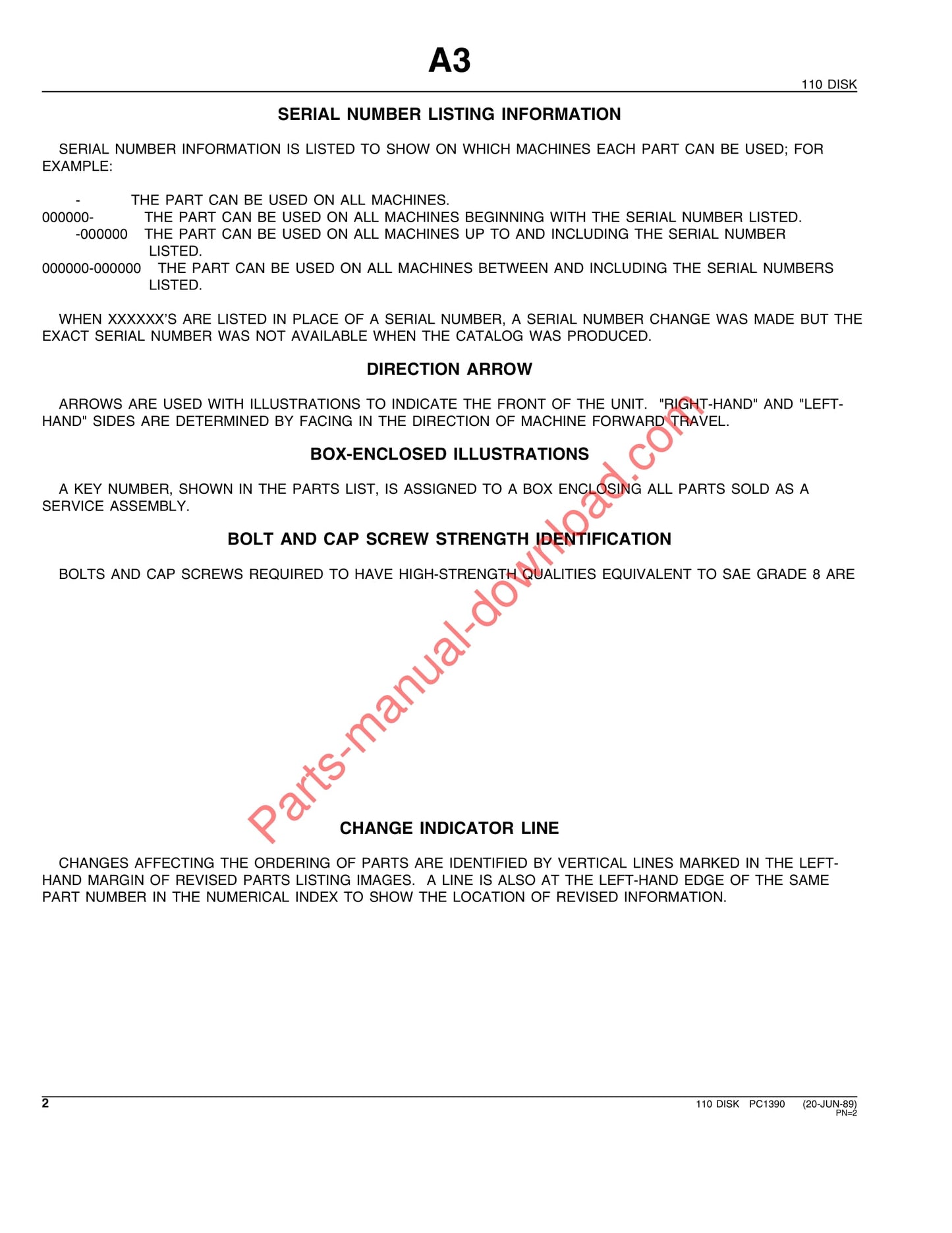 John Deere 110 Disk Parts Catalog Manual PC1390