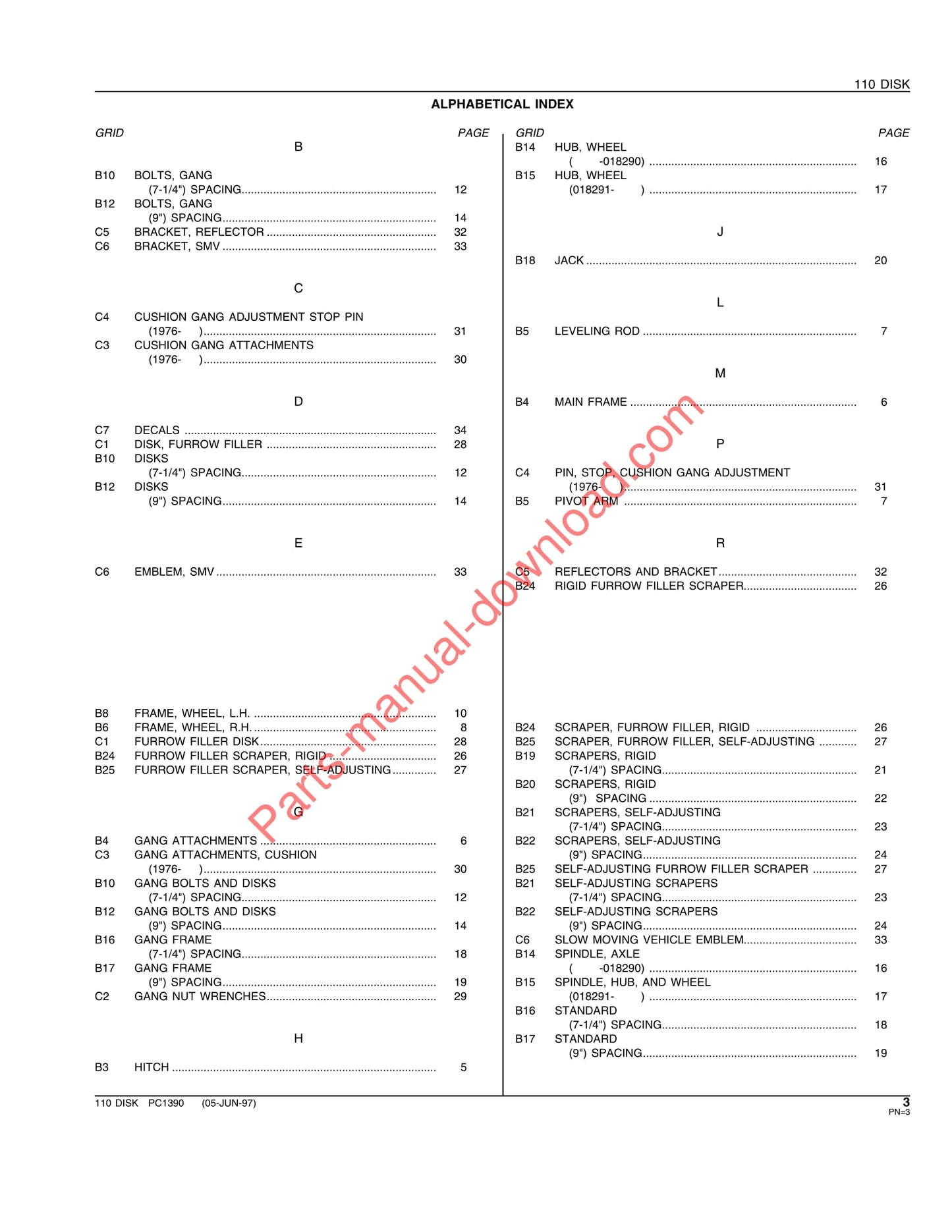 John Deere 110 Disk Parts Catalog Manual PC1390