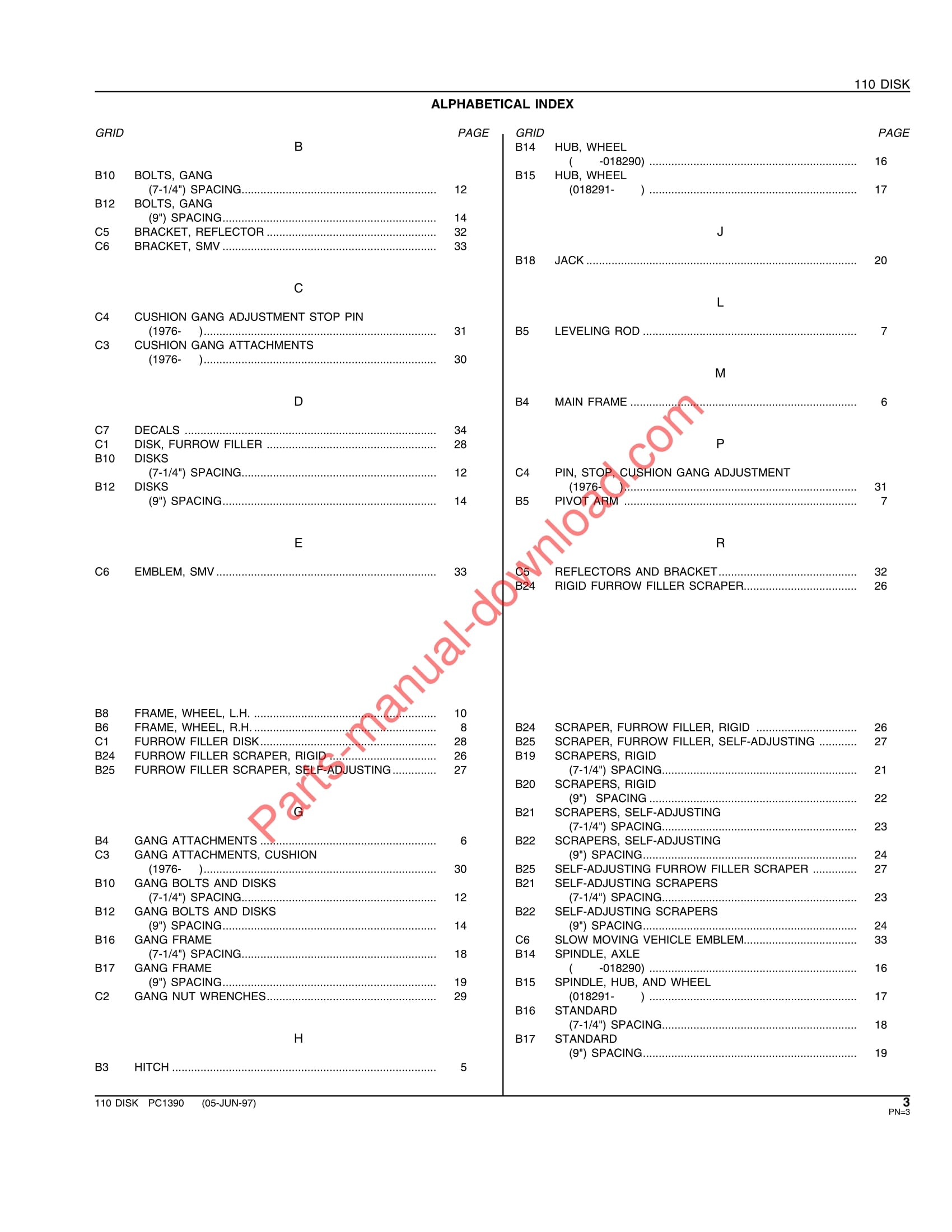 John Deere 110 Disk Parts Catalog Manual PC1390