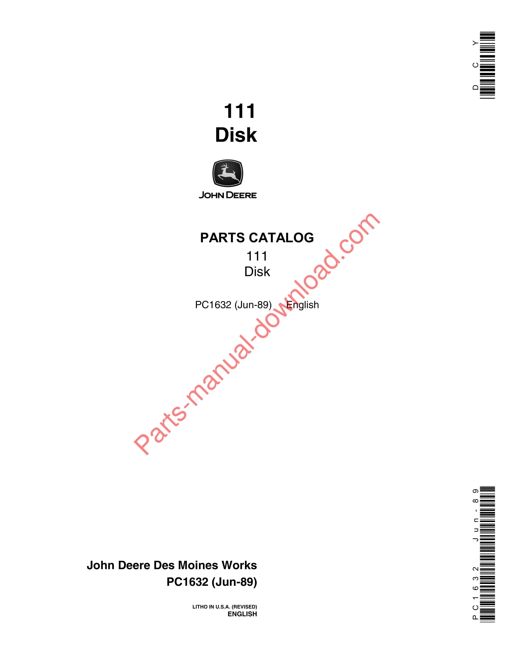 John Deere 111 Disk Parts Manual PC1632 