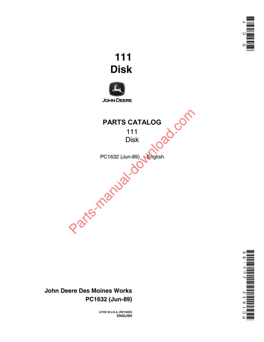 John Deere 111 Disk Parts Manual PC1632 