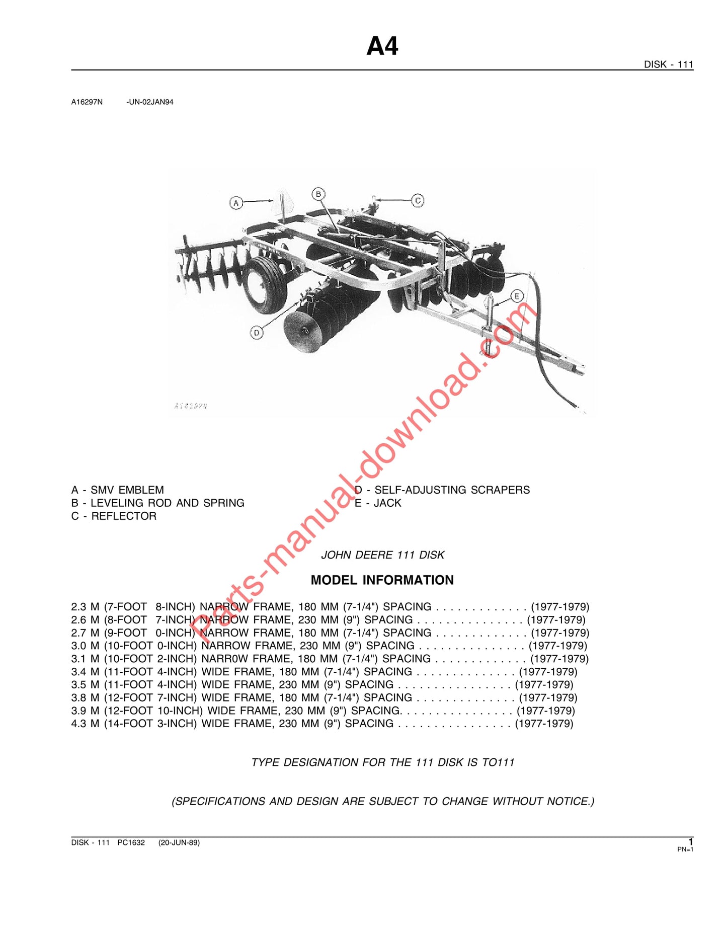 John Deere 111 Disk Parts Manual PC1632 