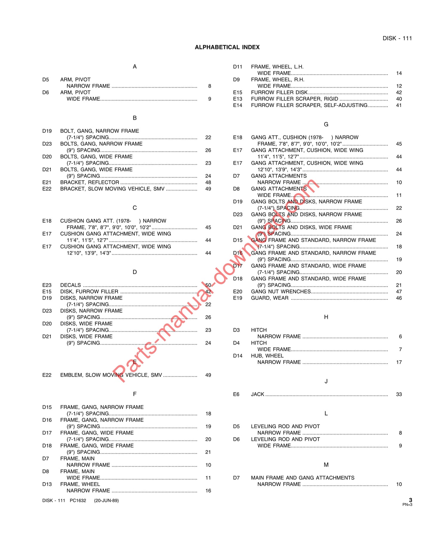 John Deere 111 Disk Parts Manual PC1632 