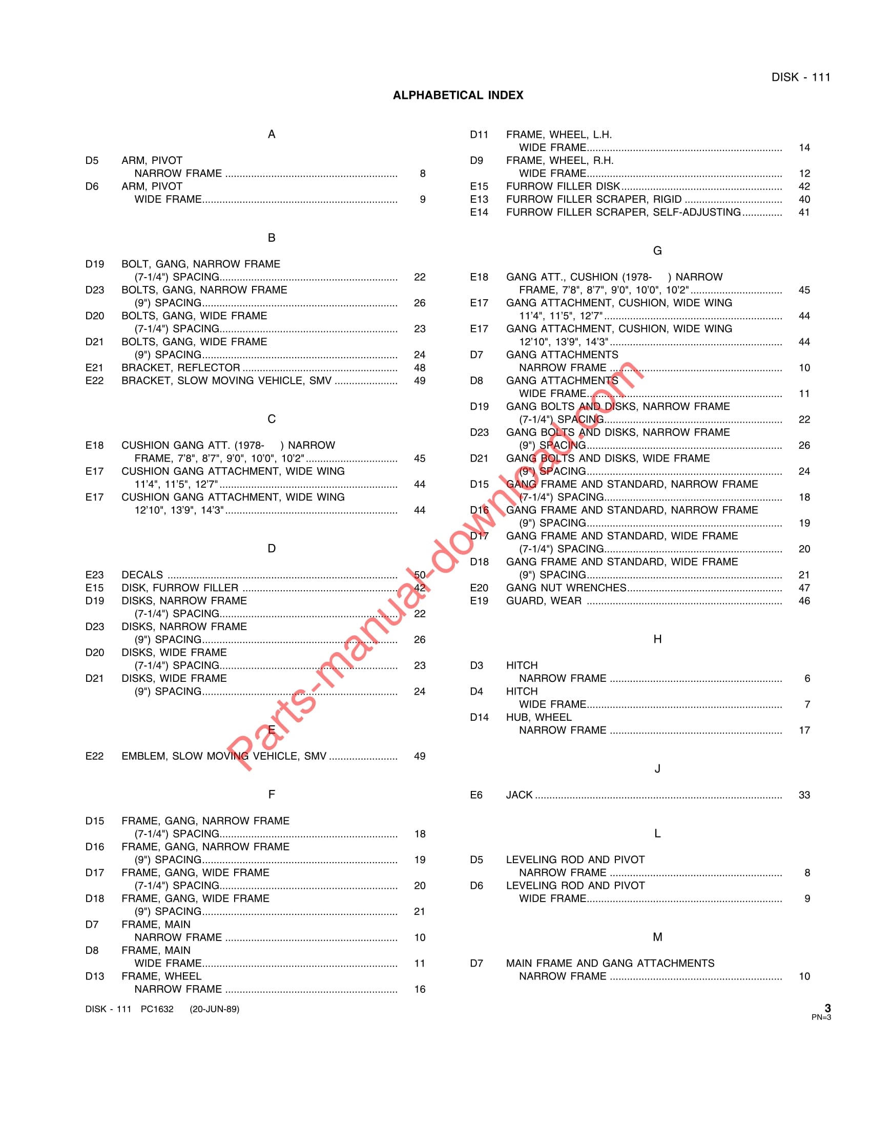 John Deere 111 Disk Parts Manual PC1632 