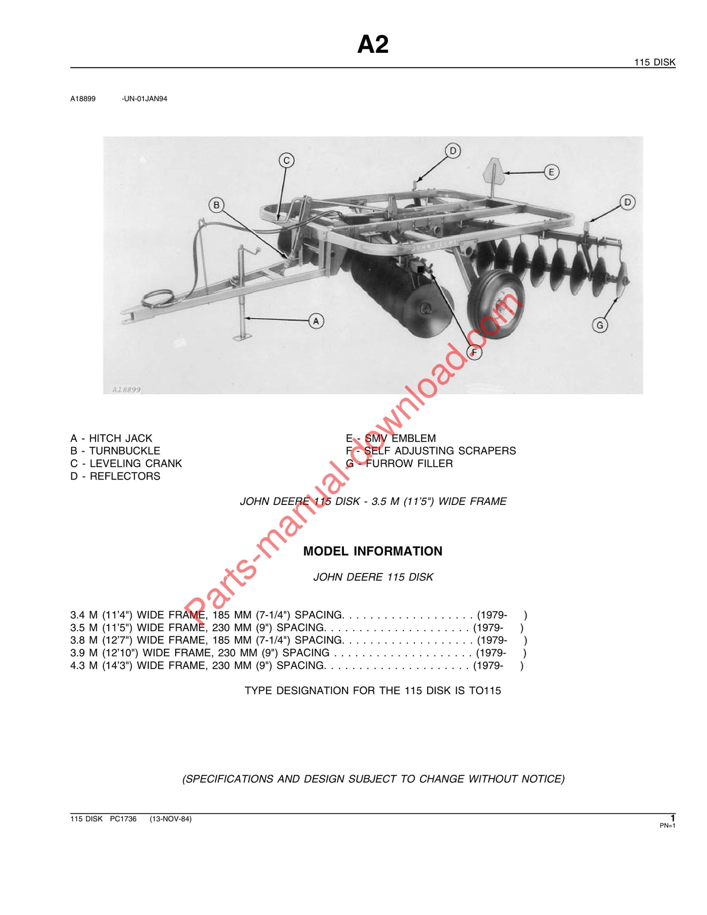 John Deere 115 Disk Parts Manual PC1736