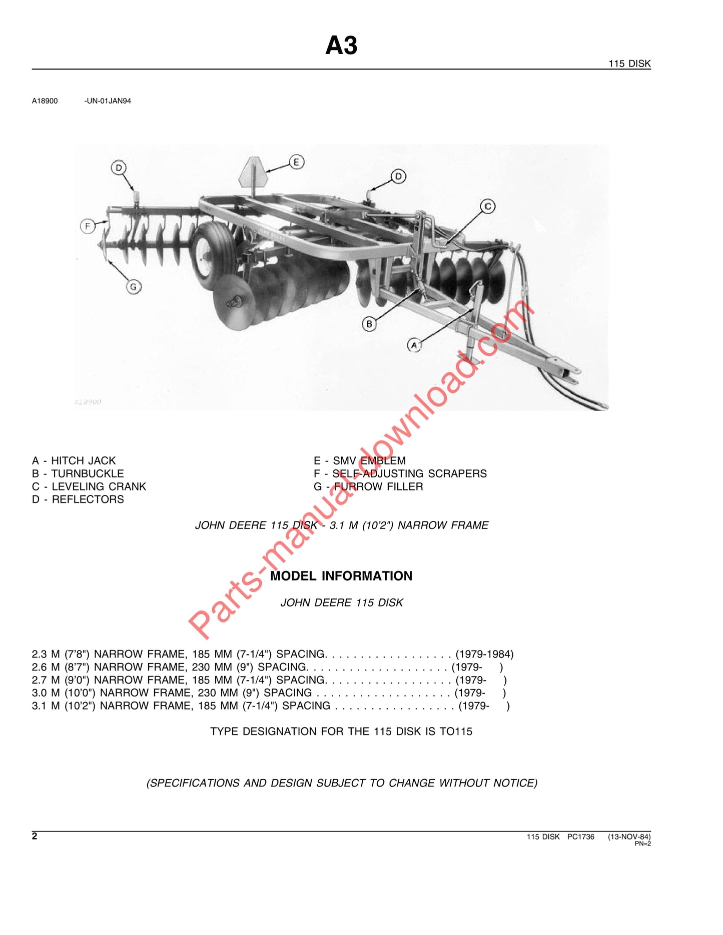 John Deere 115 Disk Parts Manual PC1736