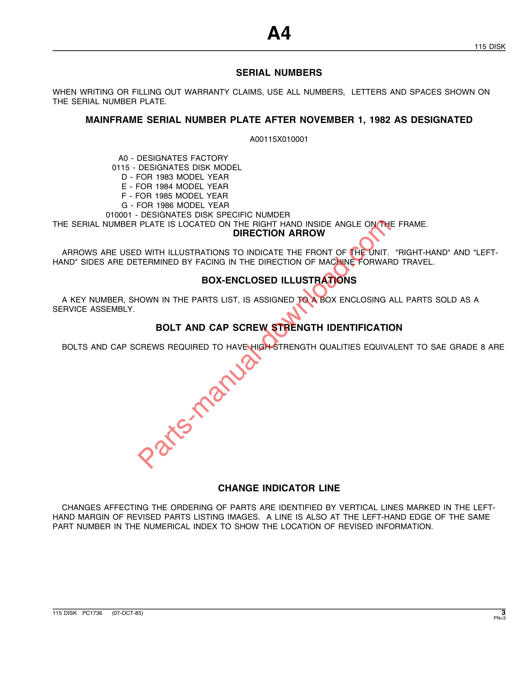 John Deere 115 Disk Parts Manual PC1736