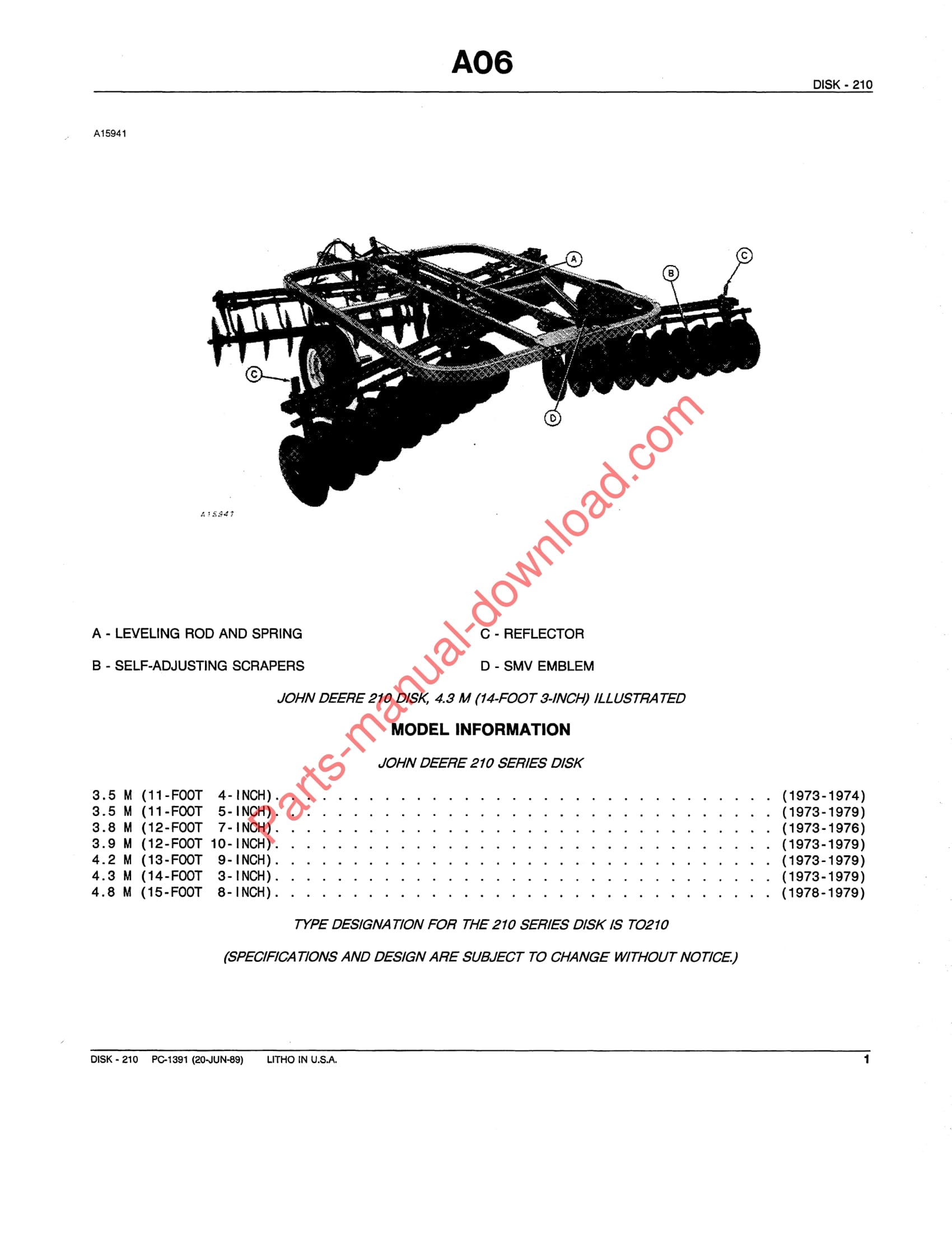 John Deere 210 Disk Parts Manual PC1391