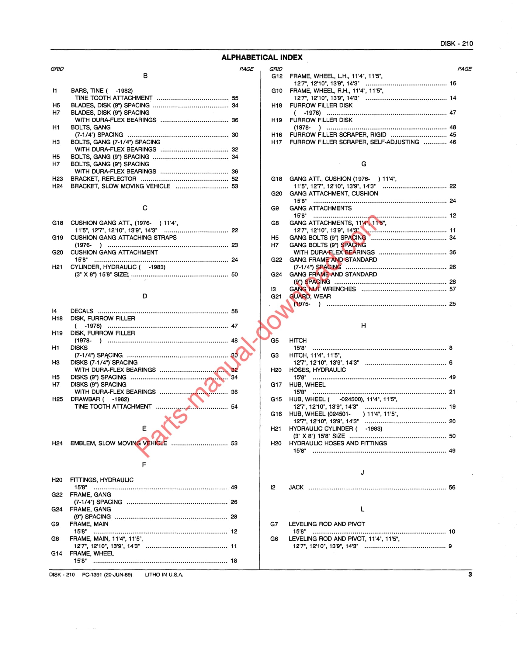 John Deere 210 Disk Parts Manual PC1391