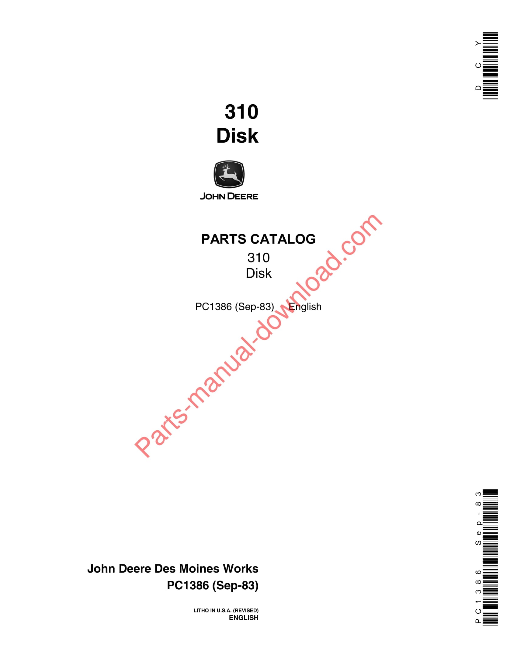 John Deere 310 Disk Parts Manual PC1386