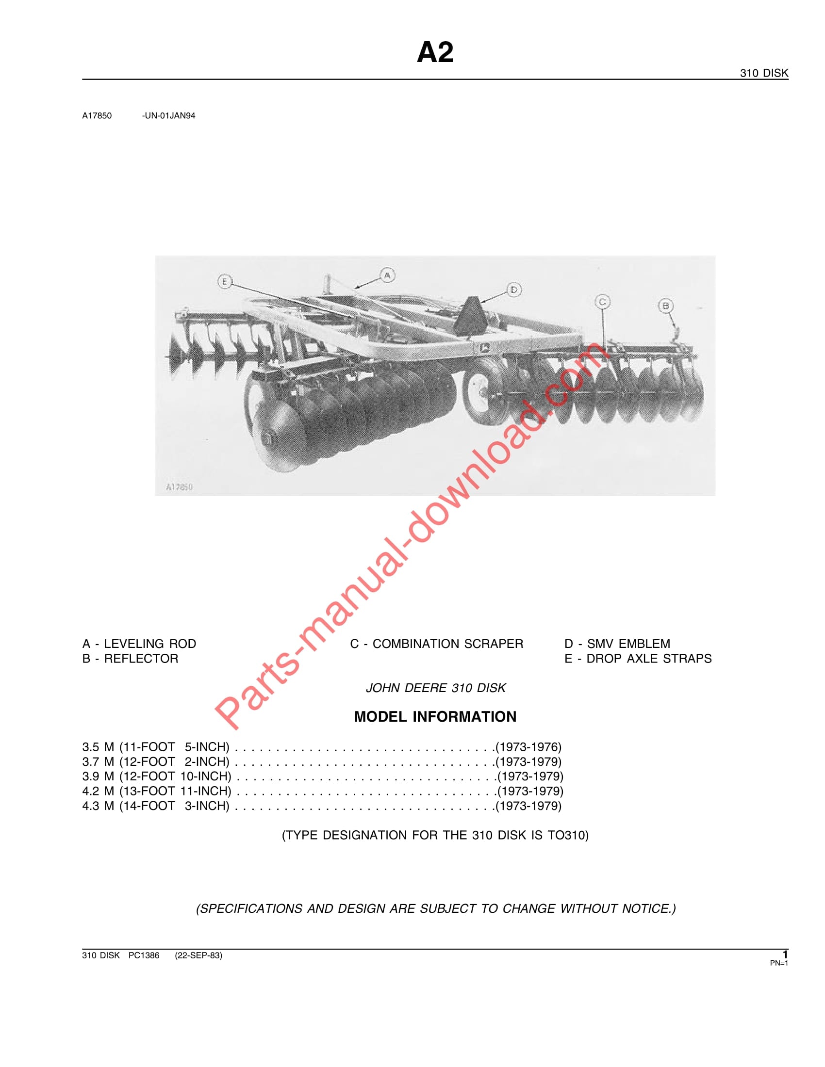 John Deere 310 Disk Parts Manual PC1386