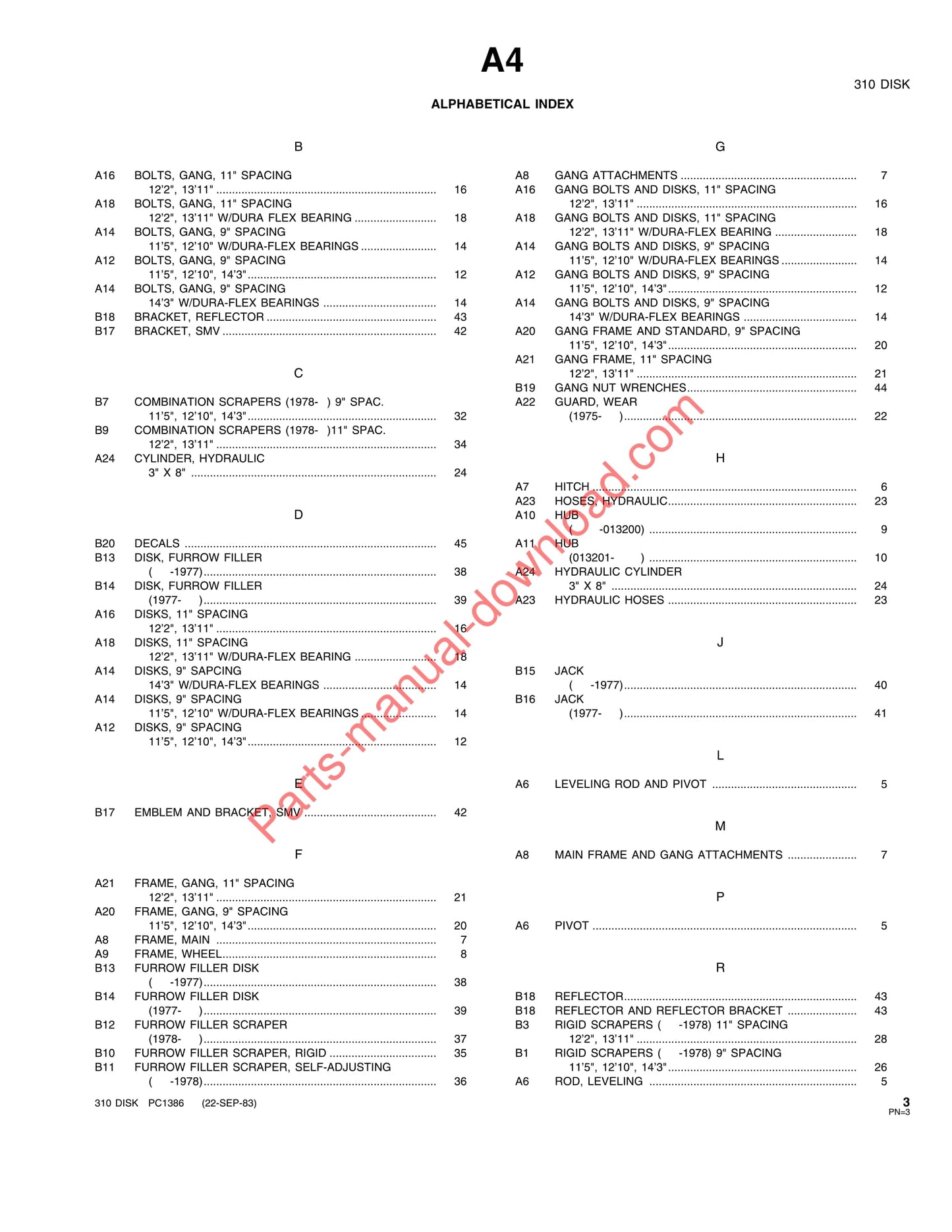 John Deere 310 Disk Parts Manual PC1386