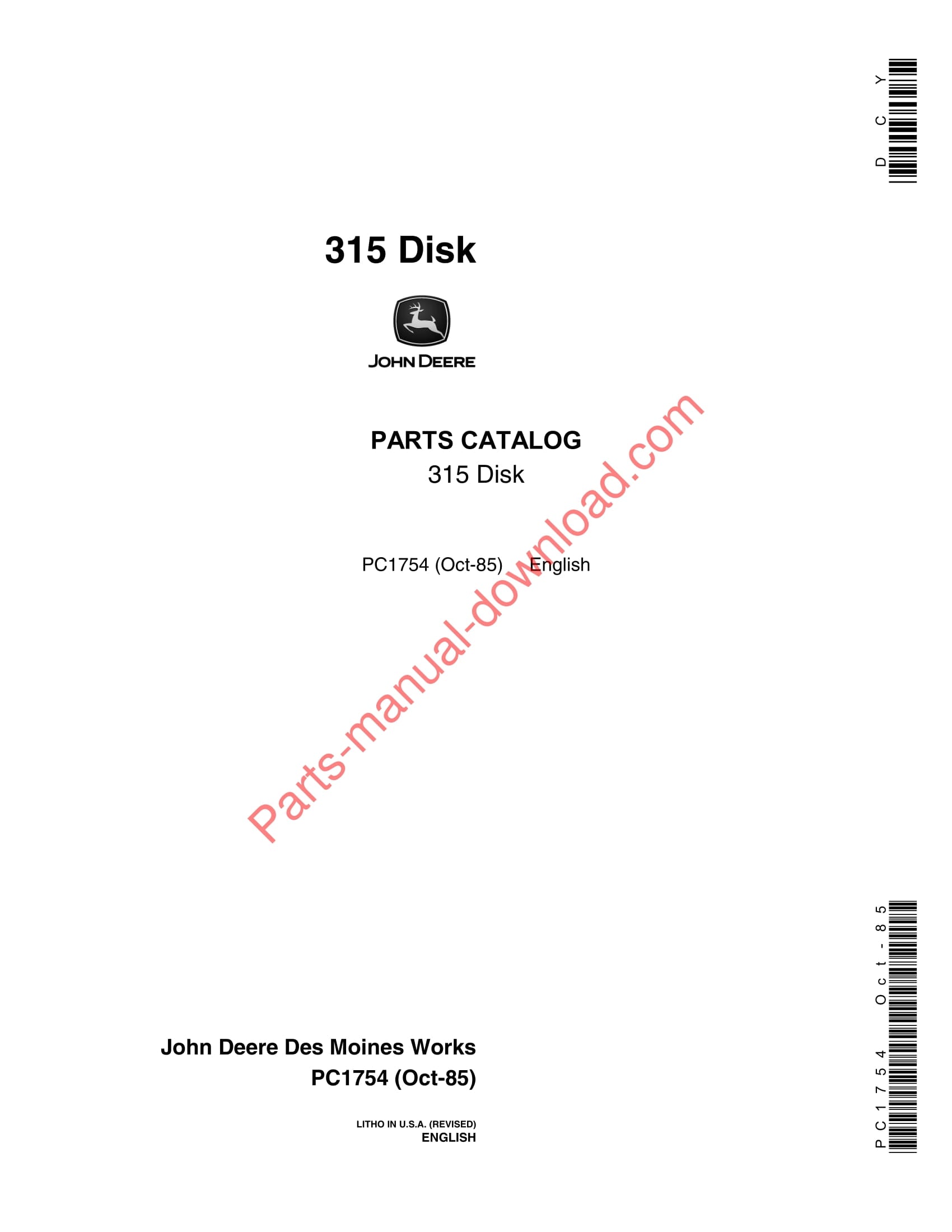 John Deere 315 Disk Parts Manual PC1754
