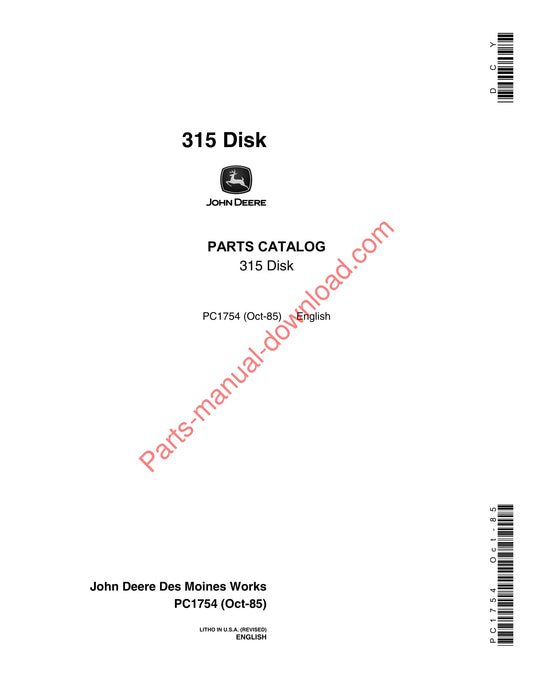 John Deere 315 Disk Parts Manual PC1754