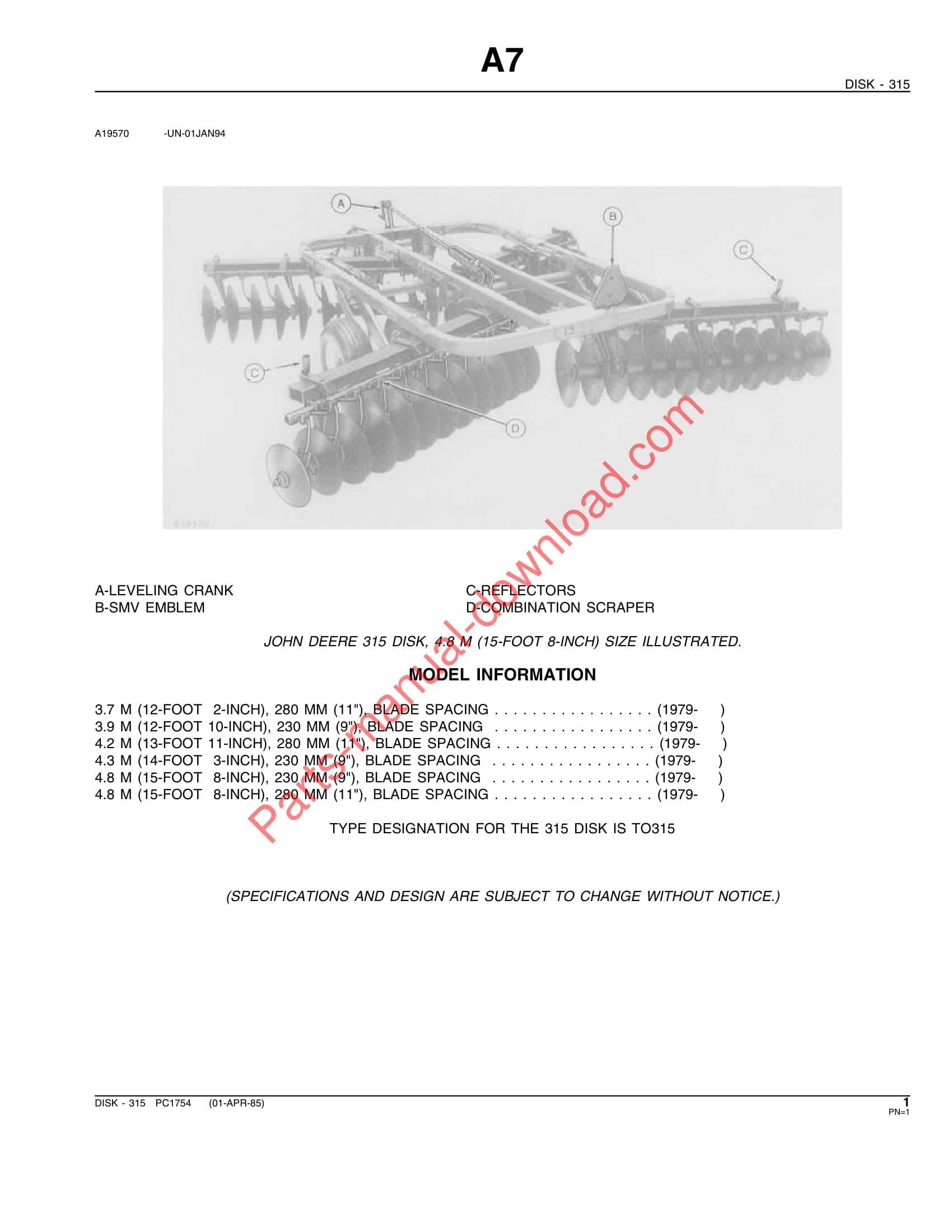 John Deere 315 Disk Parts Manual PC1754