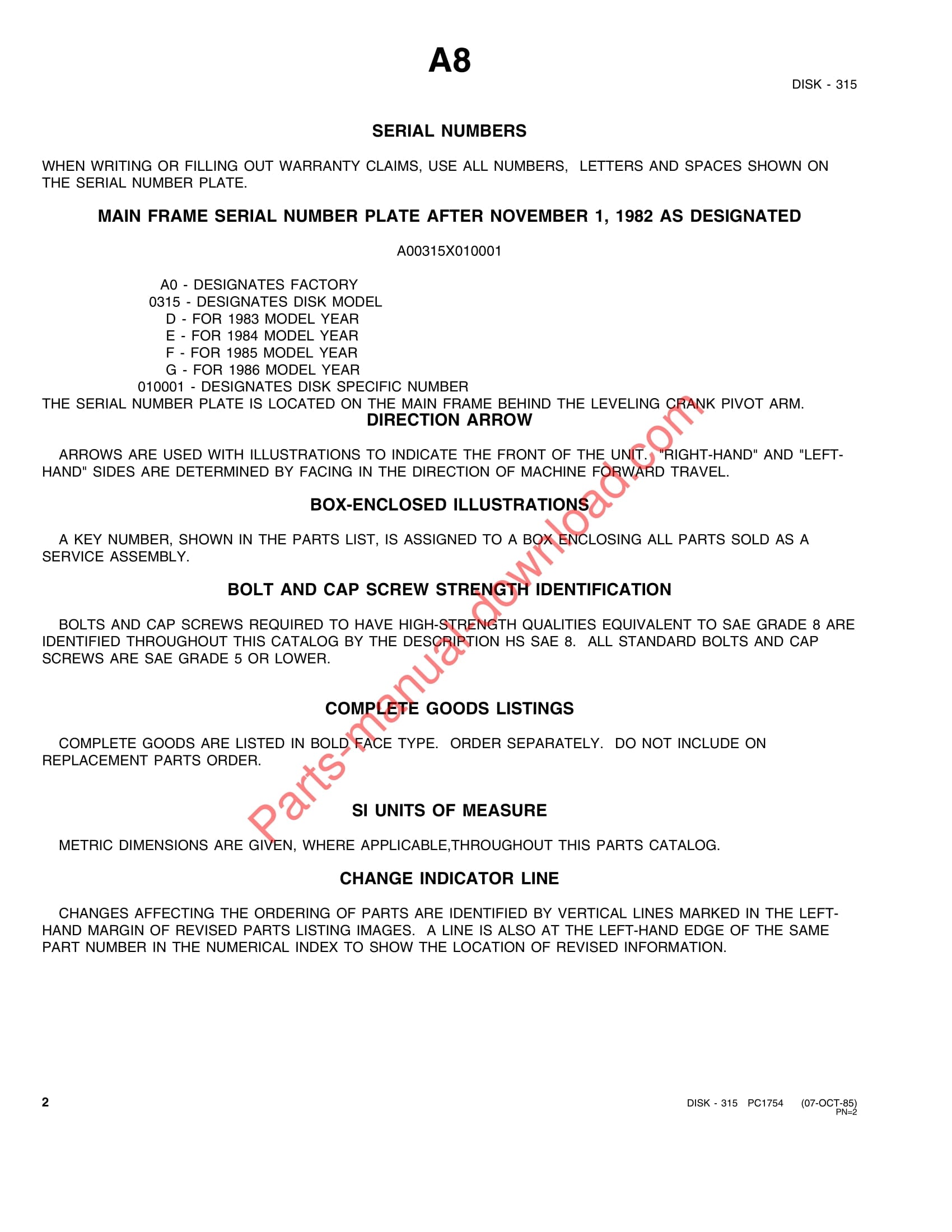 John Deere 315 Disk Parts Manual PC1754