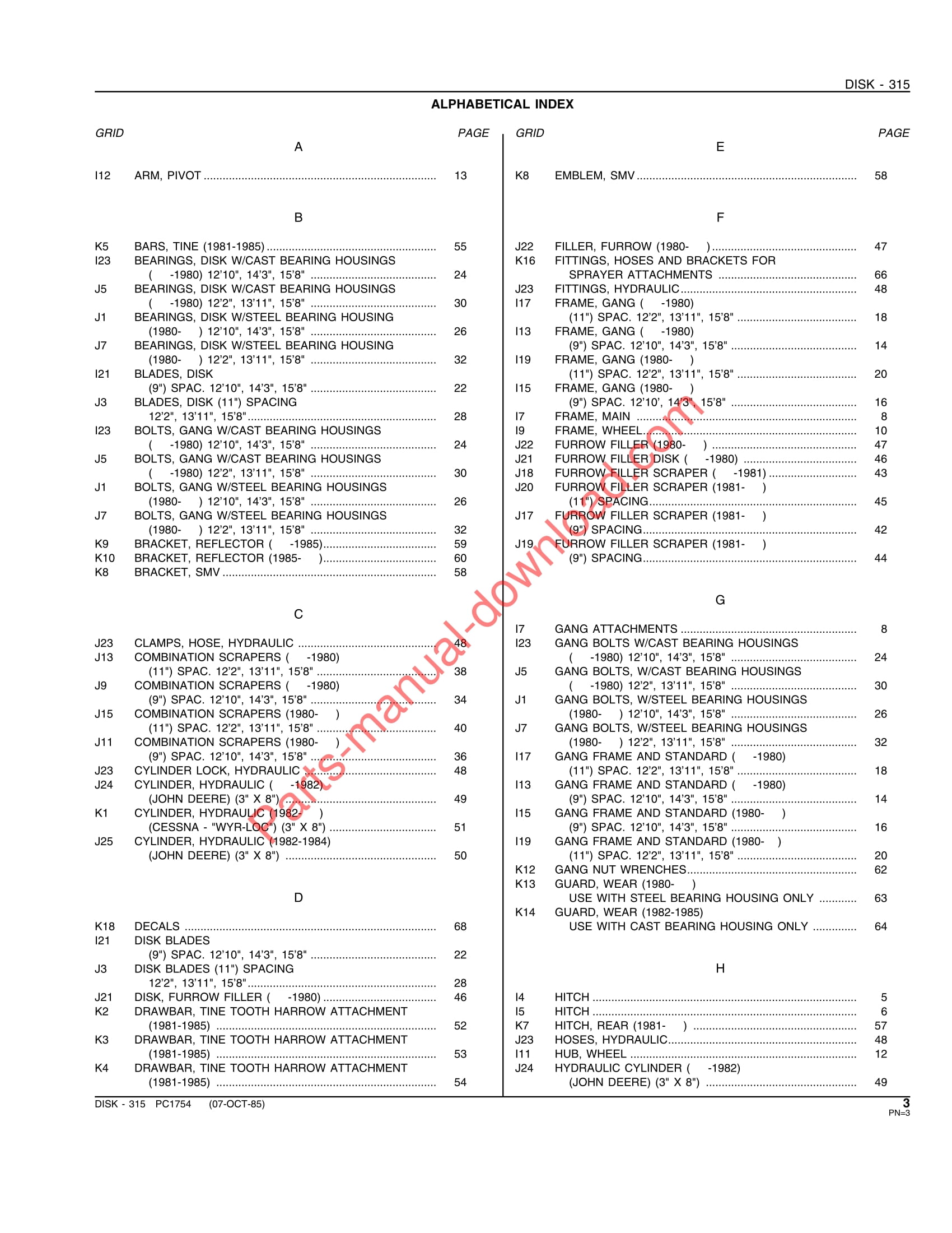 John Deere 315 Disk Parts Manual PC1754