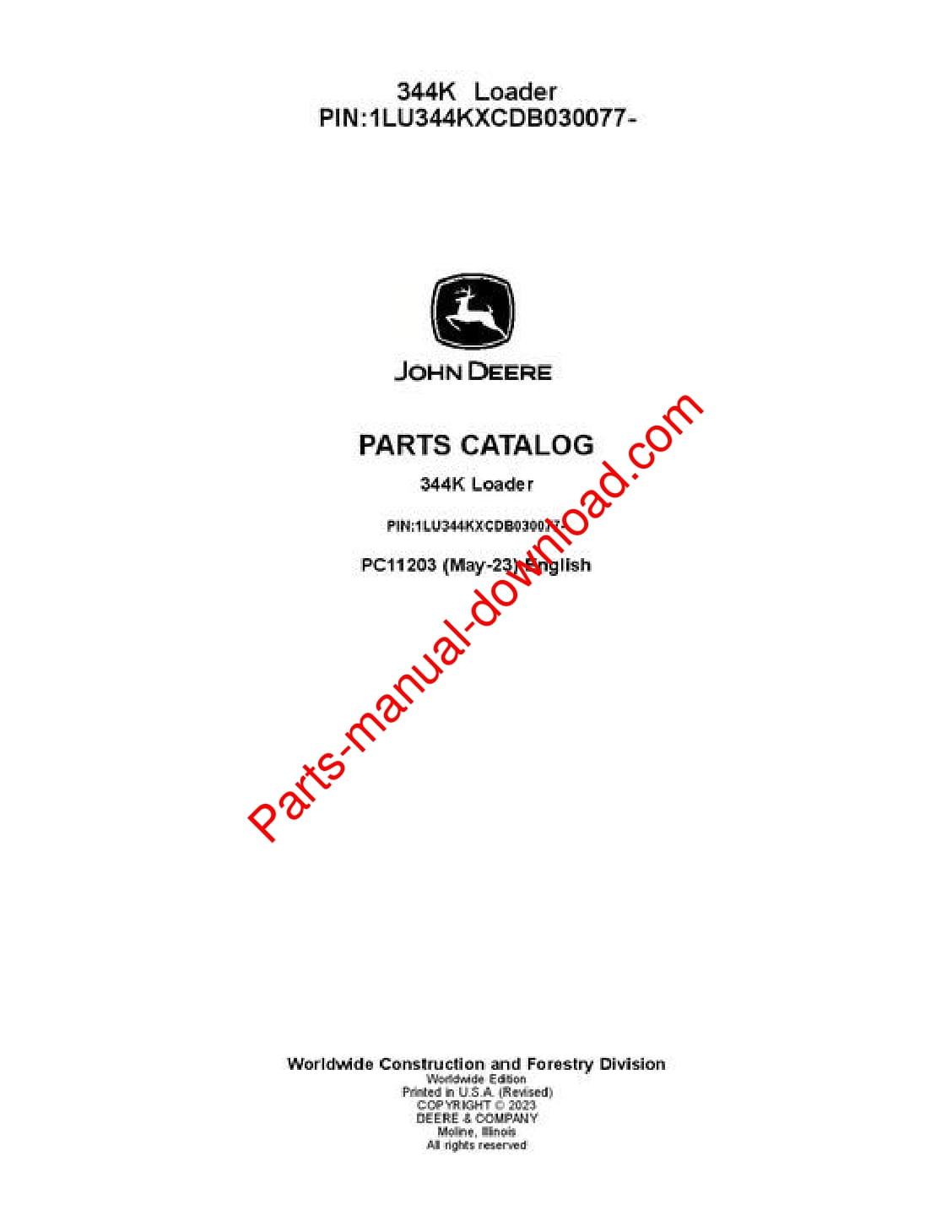 John Deere 344K Loader Parts Manual PC11203