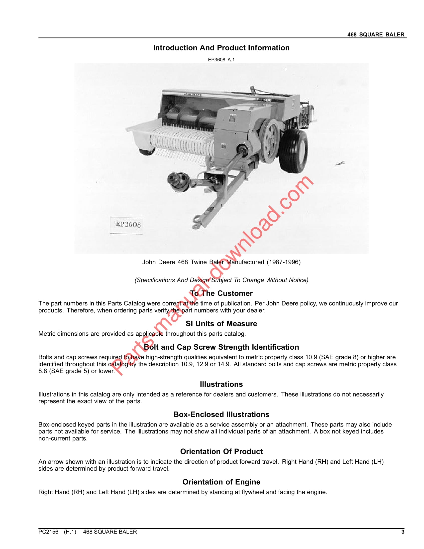 John Deere 468 BALER Parts Manual PC2156