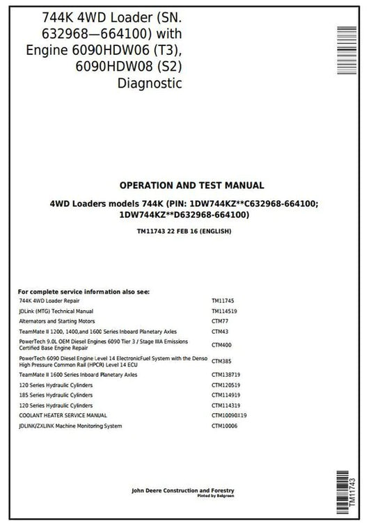 PDF John Deere 4WD 744K Wheel Loader Diagnostic & Test Service Manual TM11743