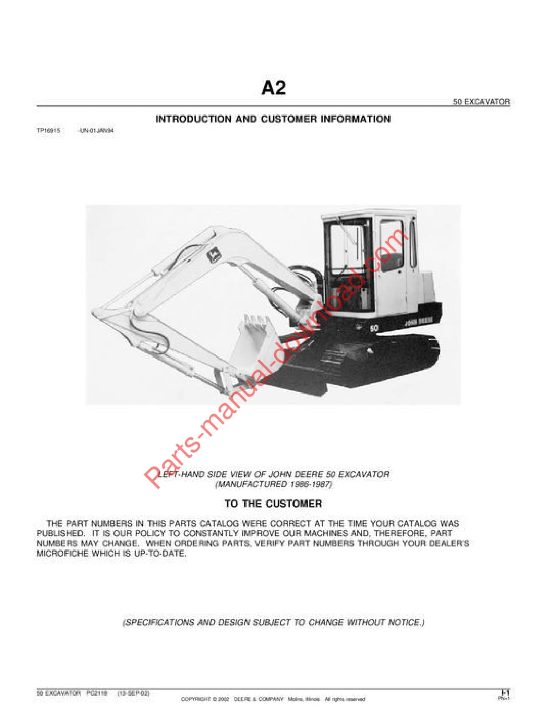 John Deere 50 Excavator Parts Manual PC2118
