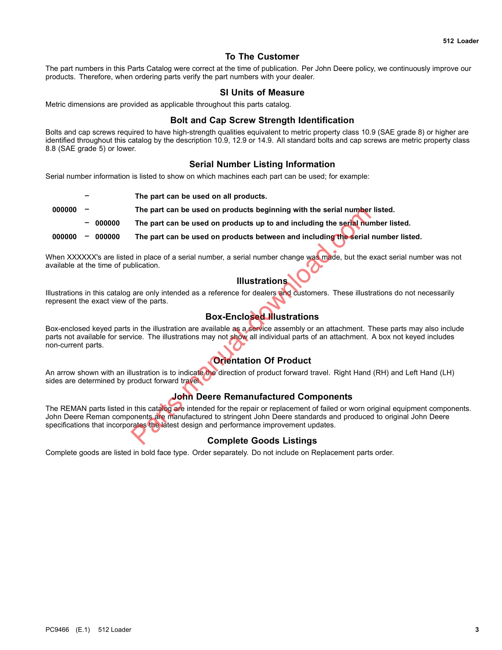 John Deere 512 Loader Parts Manual PC9466 