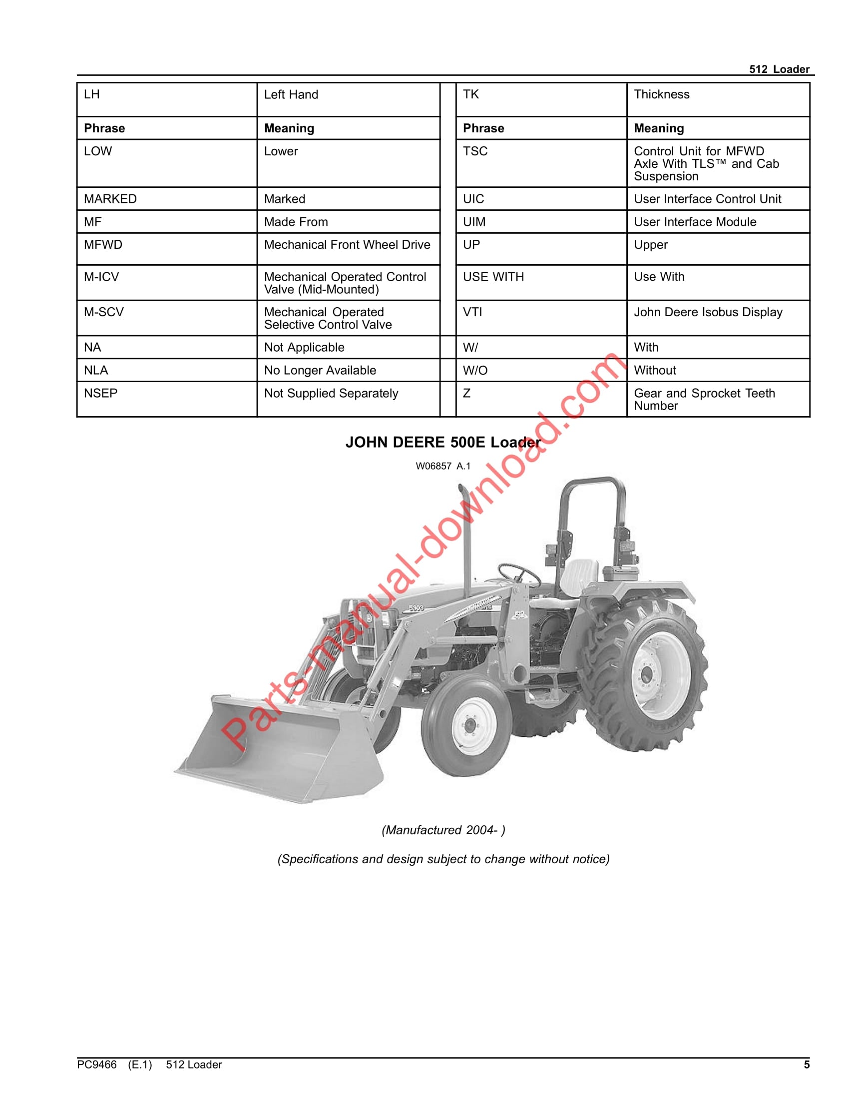 John Deere 512 Loader Parts Manual PC9466 