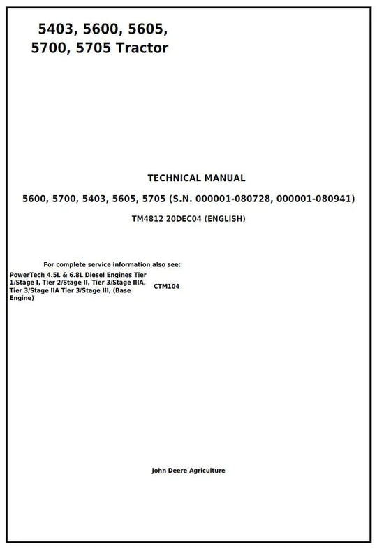 PDF John Deere 5403, 5600, 5605, 5700, 5705 Brazil Tractor Technical Service Manual TM4812