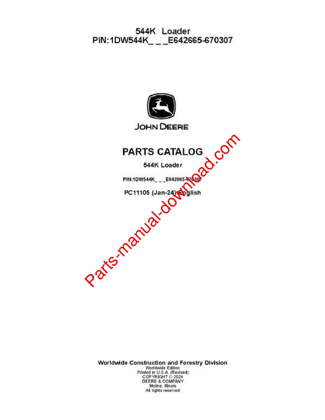John Deere 544K Loader Parts Manual PC11105