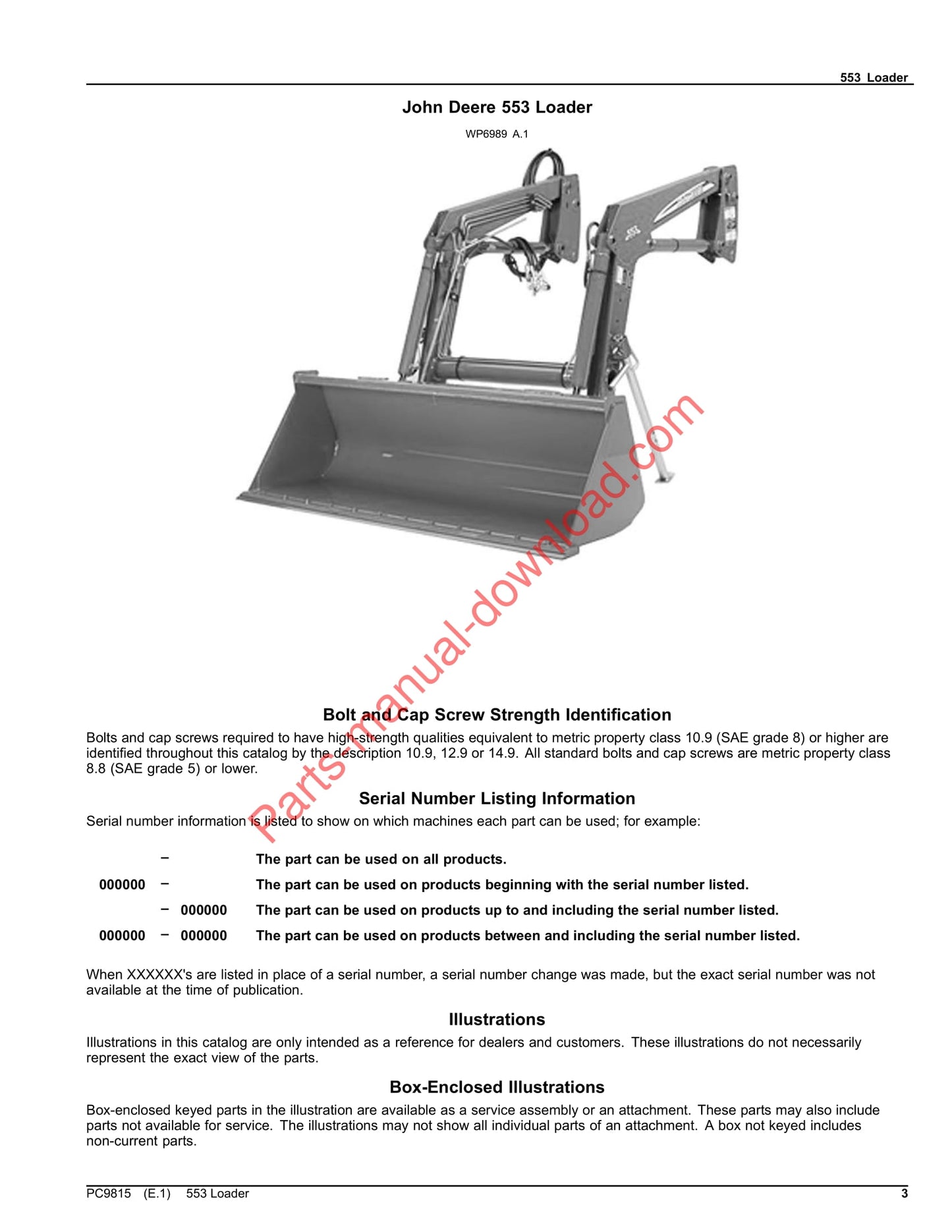 John Deere 553 Loader Parts Manual PC9815