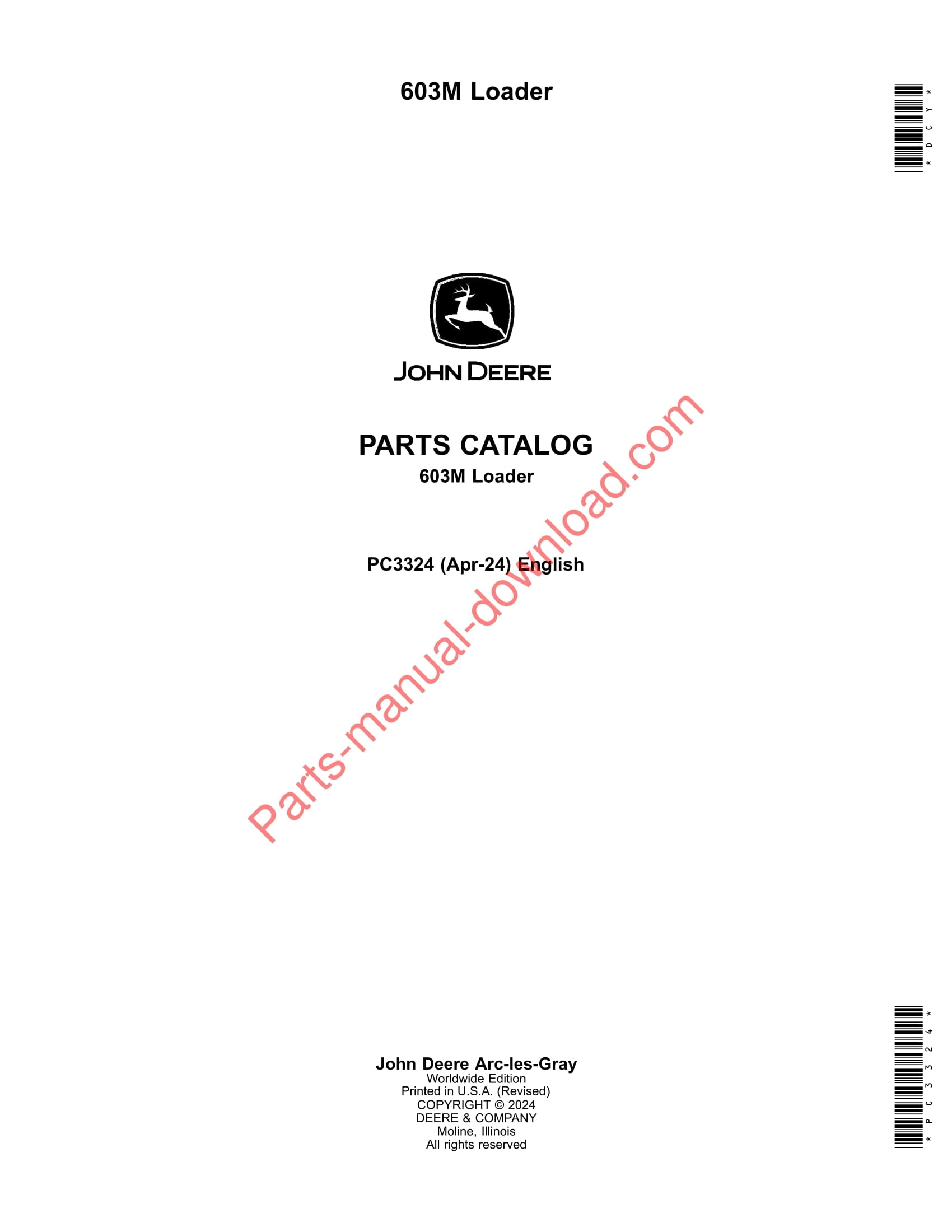 John Deere 603M Loader Parts Manual PC3324 