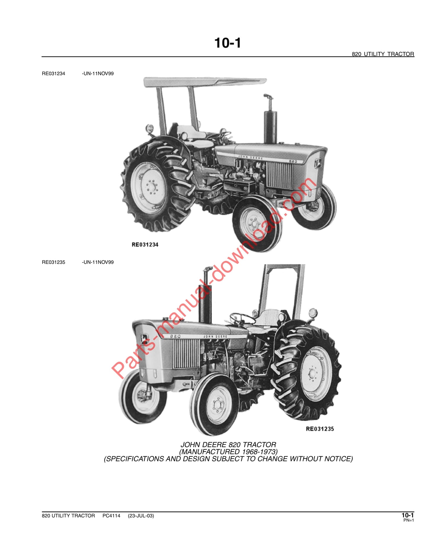 John Deere 820 Tractor Parts Manual PC4114