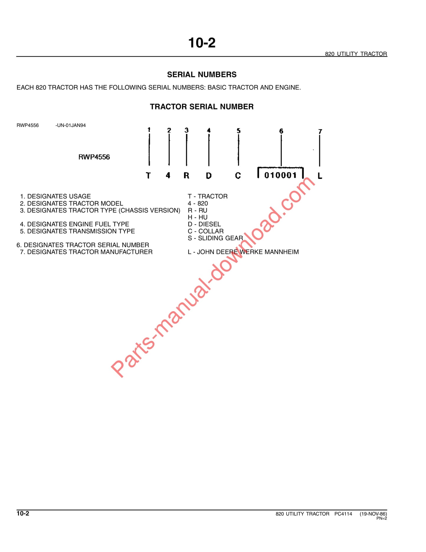 John Deere 820 Tractor Parts Manual PC4114