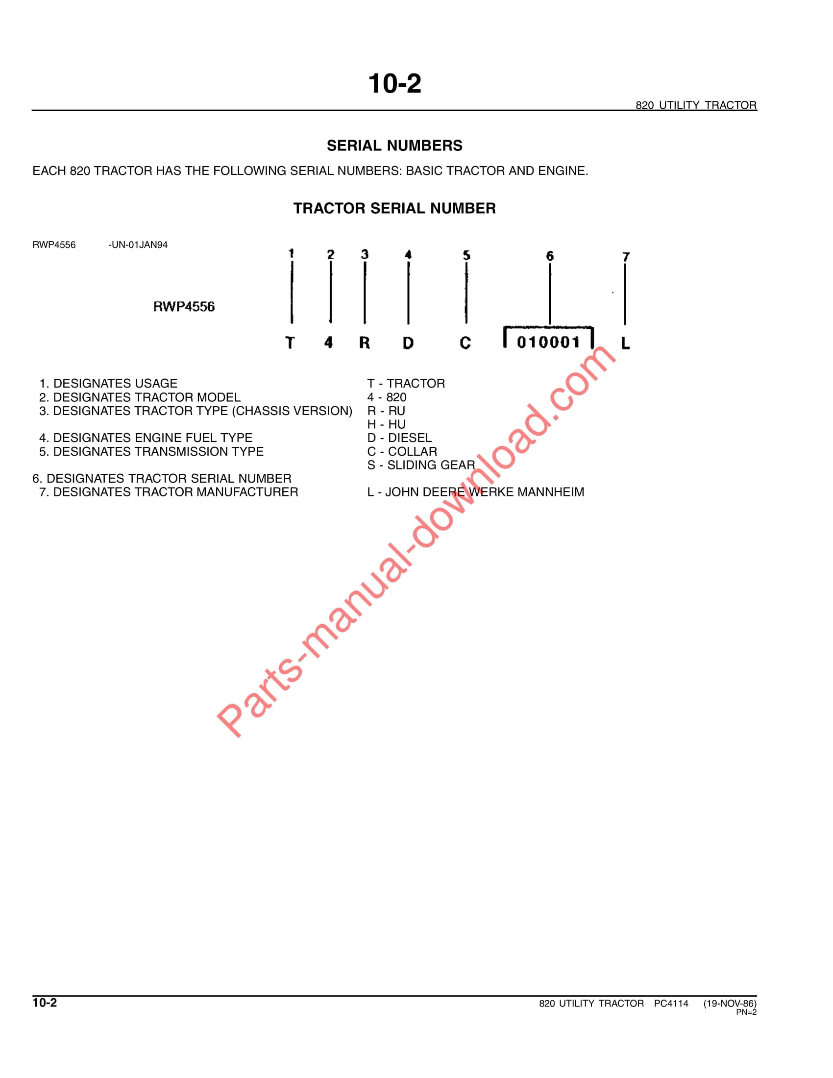 John Deere 820 Tractor Parts Manual PC4114