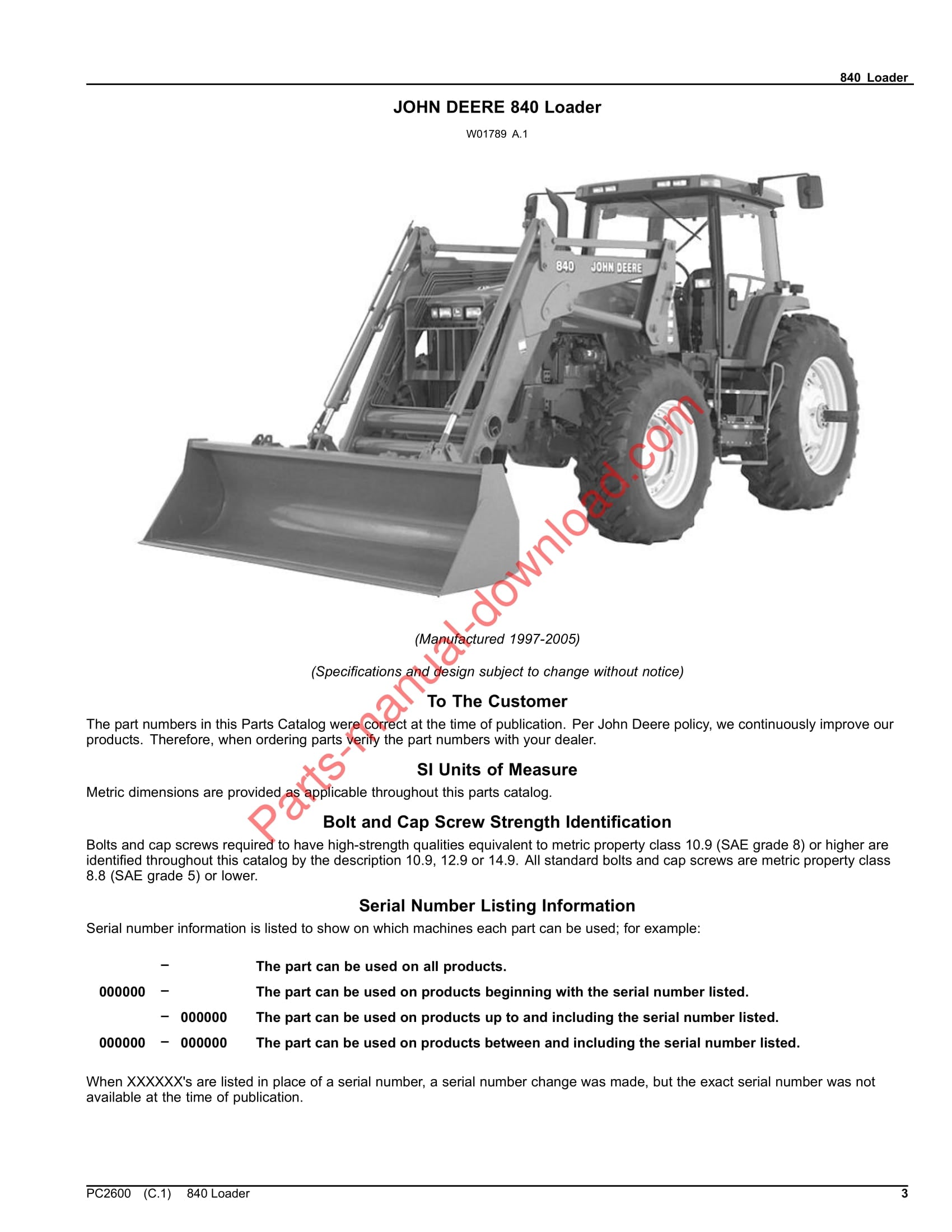 John Deere 840 Loader Parts Catalog PC2600 13JUL20