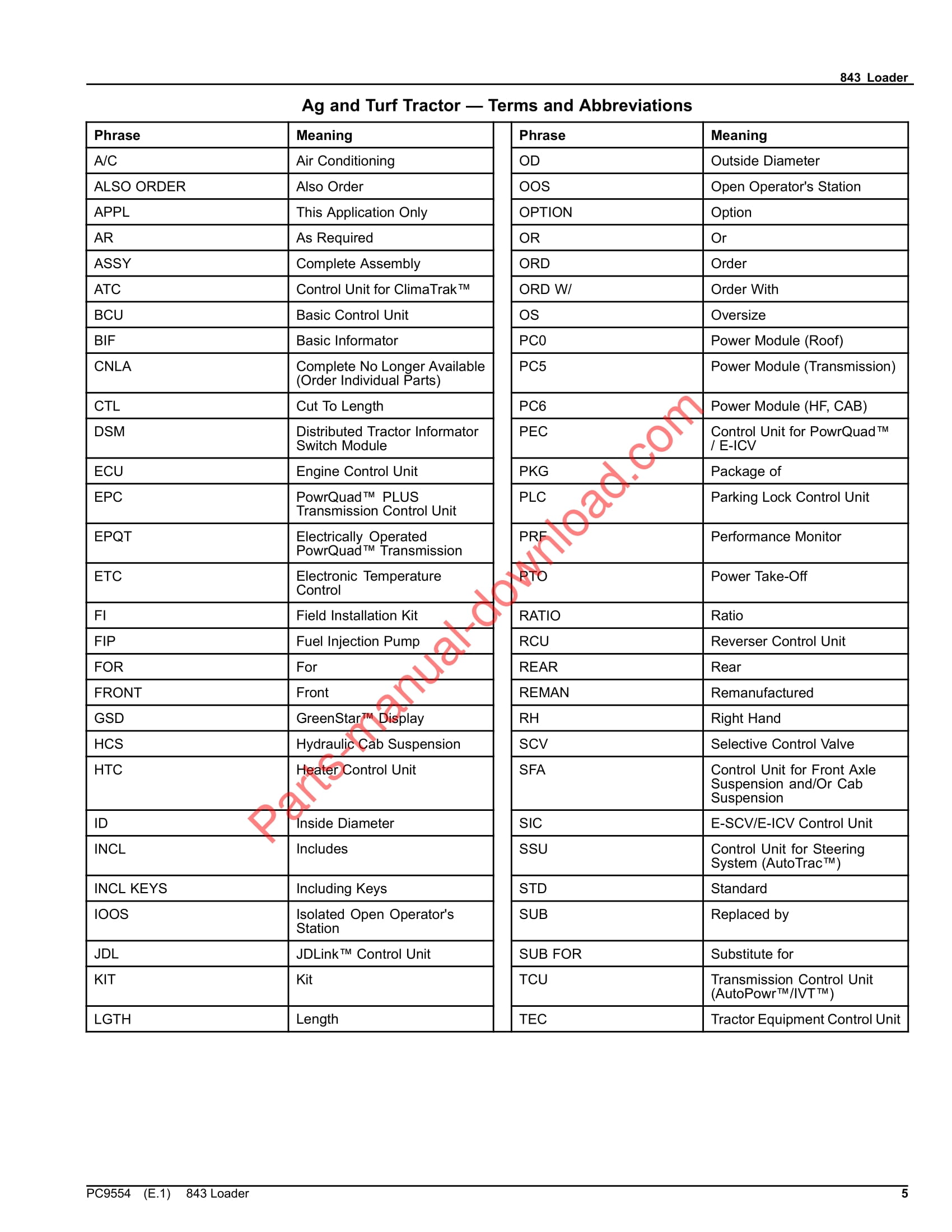 John Deere 843 Loader Parts Manual PC9554 