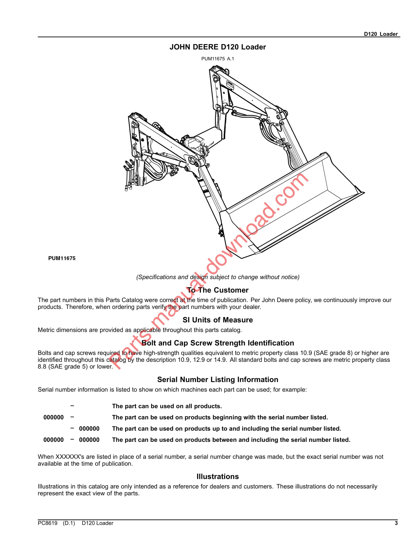 John Deere D120 Loader Parts Manual PC8619 