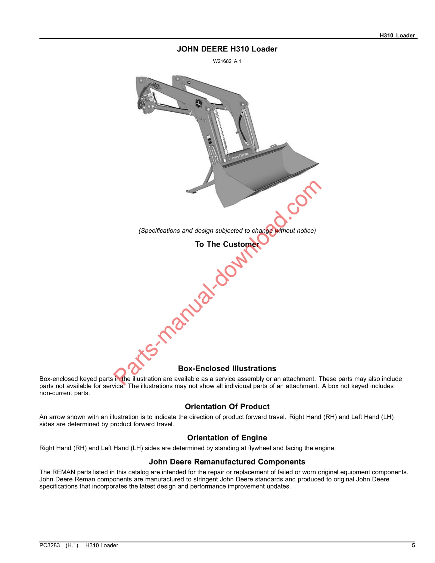 John Deere H310 Loader Parts Manual PC3283 