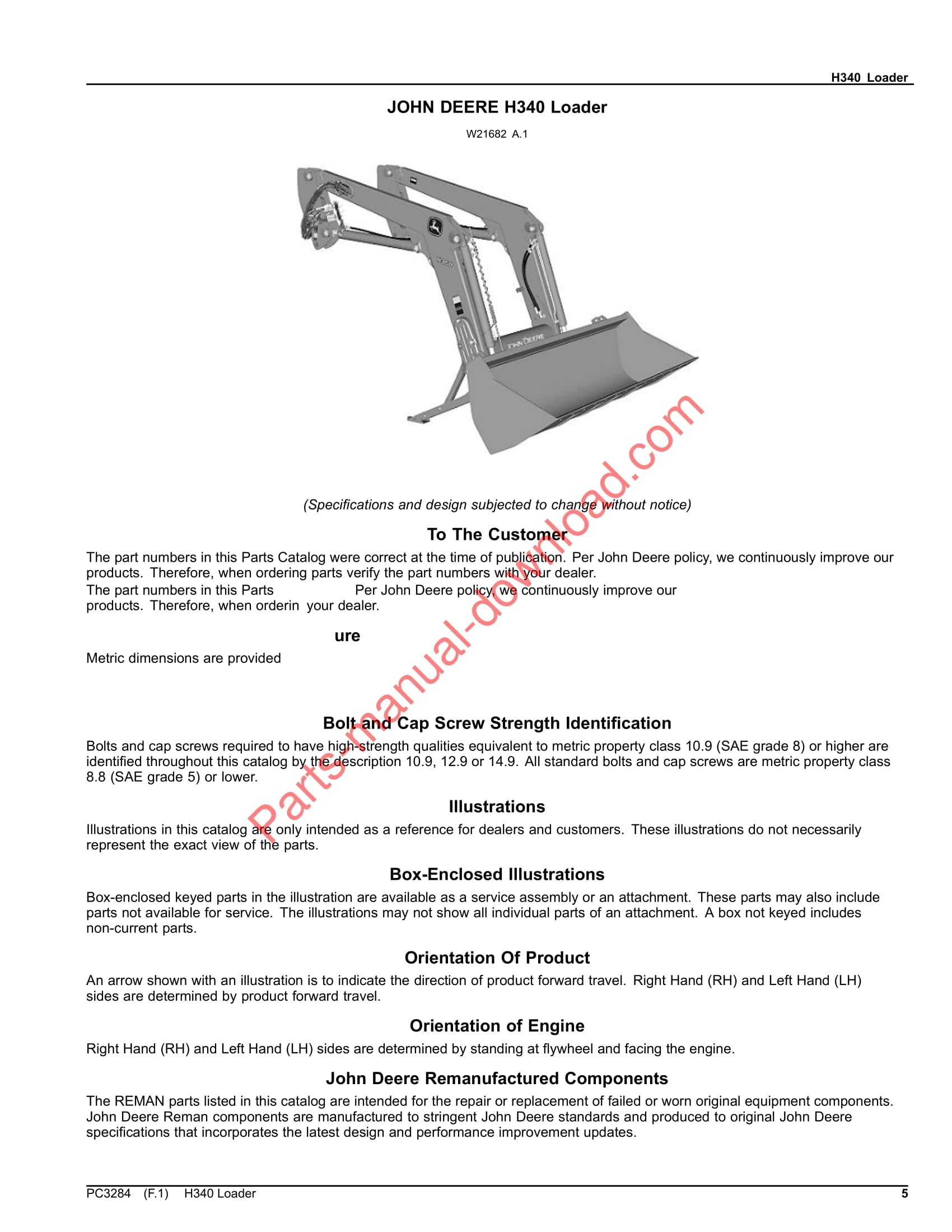 John Deere H340 Loader Parts Manual PC3284 