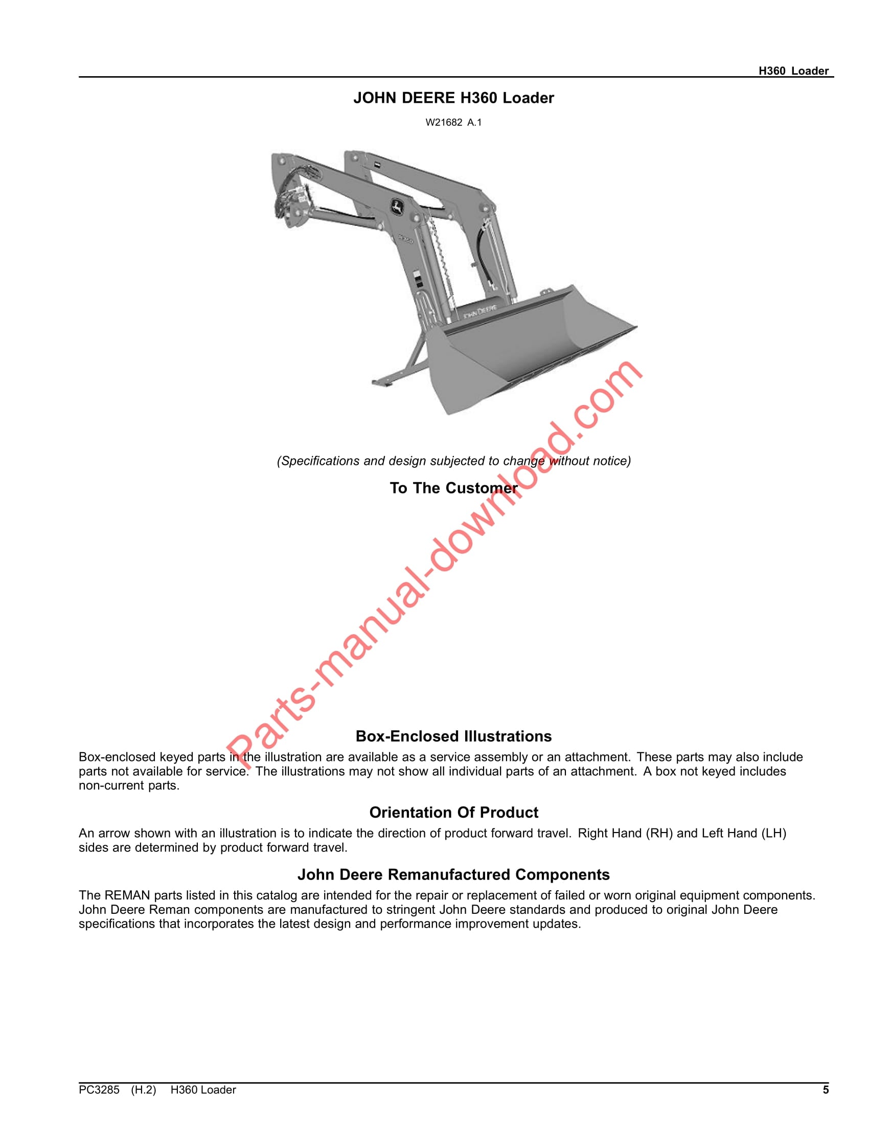 John Deere H360 Loader Parts Manual PC3285 
