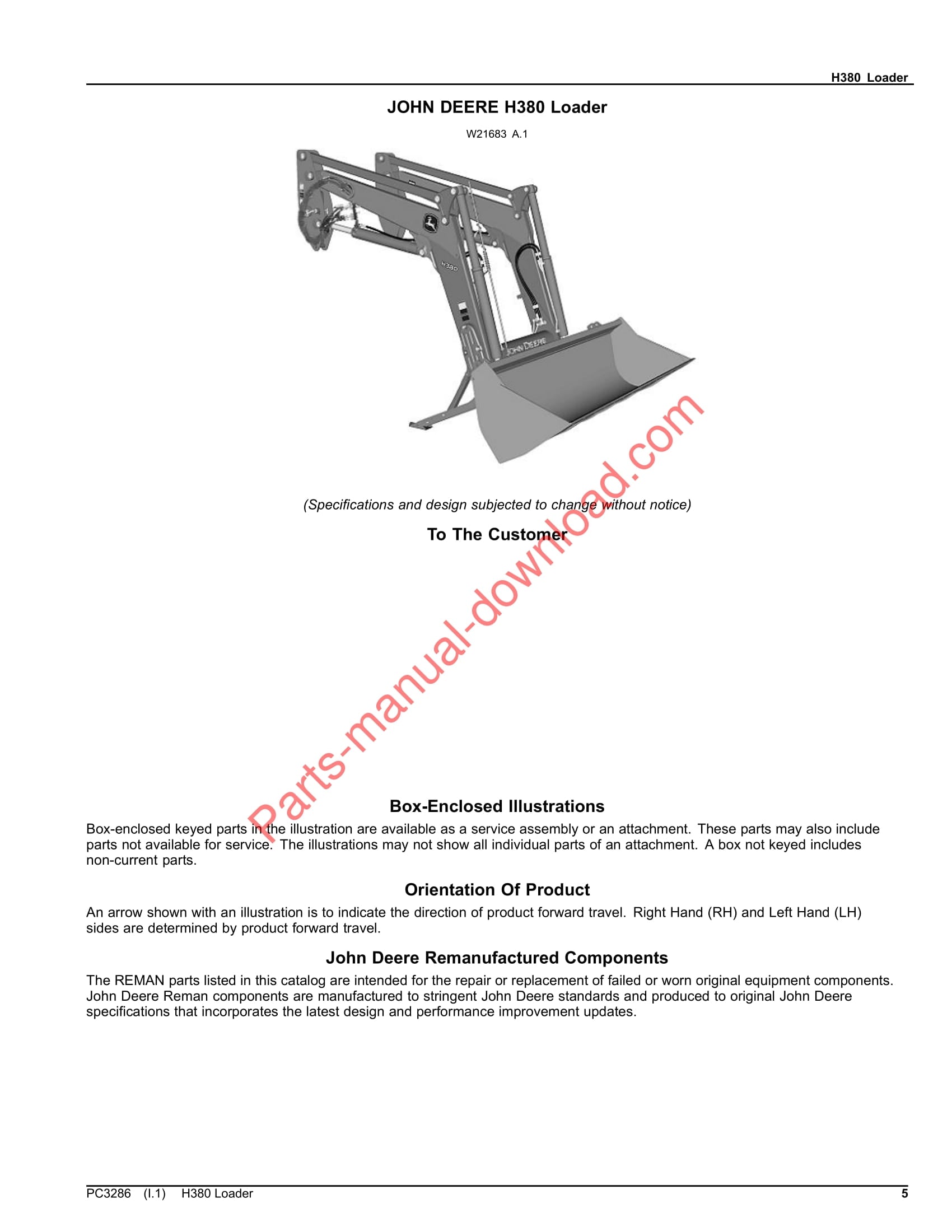 John Deere H380 Loader Parts Manual PC3286 