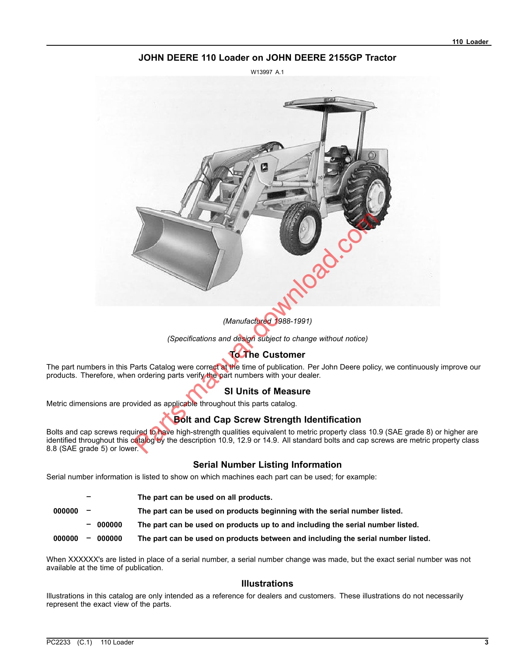 John Deere 110 Loader Parts Manual PC2233 